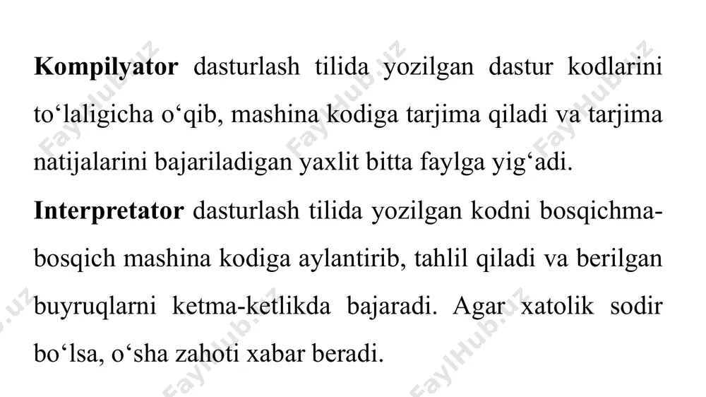 h tartibi har doim yangi dastur tuzishda idle alohida ishga tushiriladi, ishga tushirish tartibi esa doim bir xil ko‘rinishda bo‘ladi. 1.puskdan python 3.7 ni topamiz va sichqonchani python 3.7 ustiga bosib idle ni tanlaymiz. 2.yangi oq oyna hosil bo‘ladi. 3.file bo’limidan new file ni tanlab (klaviaturadan ctrl+n), yangi ikkinchi oq oynani hosil qilamiz. ikkinchi oyna kod yozish uchun, birinchi oyna esa dastur natijasini ko‘rish uchun ishlatiladi. unutmang, ikkinchi oynada kodlarni yozib bo‘lgach uni saqlab olishimiz kerak, aks holda dastur ishlamaydi. saqlash uchun ishchi stolidan “dasturlar” nomli papka hosil qilib, hamma dasturlarni shu papkaga saqlaymiz. hozir namuna sifatida biror dastur yozib, uni saqlab ishga tushirishni o‘rganamiz. 1.ishchi stolidan “dasturlar” nomli papka yaratamiz. 2. idle ni yuqoridagi tartibda ishga tushiramiz. ikkinchi oynaga (oxirgi ochilgan oynaga) namunaviy kodlarni yozamiz (bundan keyin kodlarni yozamiz deyilganda ikkinchi oyna nazarda tutiladi). eslatma: dastur kodlarini yozayotganda o‘,g‘ harflaridan foydalanish noqulayliklar tug‘diradi. shuning uchun bu harflardan foydalanmaymiz. 3. …