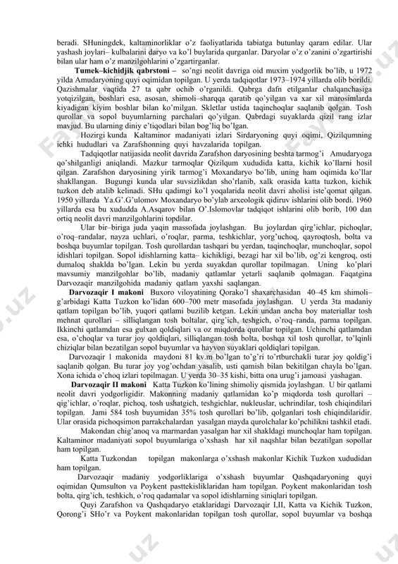 ning o’rta va quyi oqimlari, g’arbiy chegarasi kaspiy dengizigacha borib taqaladi. janubda qoraqum va qizilqum etaklarigacha, sharqda esa, orol dengizining shimoliy, sharqiy va janubiy tomonidagi quyi sirdaryogacha borib taqaladi. qizilqum va ustyurtning katta territoriyasida xam kaltaminor madaniyati ancha keng tarqalgan. kaltaminor madaniyatini o’rganish jarayonida olimlar uning rivojlanish bosqichlarini aniqlash imkoniyatiga ega bo’ldilar. s.p.tolstov ”saksovul” deb ataladigan joydan jonbos–4 mehnat qurollariga o’xshash tosh qurollarni topgan. olim ularni qiyosiy o’rganish natijasida kaltaminorliklar madaniyati shakllanishini ikki bosqichga – jonbos va saksovul (qamishli) bosqichlariga ajratdi. 70–yillarga kelib esa, uning shogirdi a.v.vinogradov zarafshon daryosining o’ng sohilidagi o’zani daryolisoy bo’ylaridan kaltaminorliklar madaniyatiga o’xshash buyumlarni topdi. ular geometrik shakldagi tosh qurollari bo’lib, kaltaminor madaniyatining ilk bosqichi deb asoslashga imkon yaratdi. shu tariqa kaltaminor madaniyatining 3 bosqichi aniqlandi – daryolisoy (mil.avv. vi–iv ming yilliklarga oid), jonbos (mil.avv. iv–iii ming yilliklarga oid) va saksovul (mil.avv. iii ming yillik oxiri –ii ming yillik boshlariga oid). daryolisoy yodgorliklari qadimgi zarafshon daryosining …