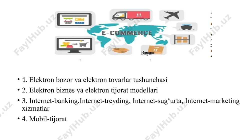 imlar nomoddiy tovarlarni to‘g‘ridan - to‘g‘ri tarmoqli uzatish, moddiy xizmatlarning to‘g‘ridan - to‘g‘ri tarmoqli bajarilishi, hamkorlar bilan moliyaviy tarmoqli hisobotlar, moddiy xizmatlarni yetkazib berishni axborot va telekommunikatsion 2 nomoddiy oqimlarga xizmat ko‘rsatishda elektr vositalarning ishlatilishi ish jarayonlarini tezlashtirishga, oqibatda, elektron tijoratning rivojlanishiga olib keladi. qo‘llab - quvvatlash natijasida yuzaga keladi. tovar etkazib beruvchi va xaridorlar turkumiga quyidagilar kiradi: davlat (government) korxona (business) mijoz, iste’molchi (consumer) hamkor (partner) korxona xodimi (executive, employee) andoza belgilanishining tuzilishi tovar yetkazib beruvchi xaridor nomlanishi elеktron biznеsni ko’pincha uchinchi ming yilning tехnologiyasi dеb atashadi. internetda elеktron biznеsning rivoji 1995 yildan, tarmoqni хususiy foydalanuvchilar tomonidan o’zlashtira boshlashlaridan boshlangan. хuddi shu yili birinchilardan bo’lgan amazon-internet magazini ochilgan. ba’zida elеktron biznеs va elеktron tijorat tushunchalarini aralashtirishadi, ammo ular orasida anchagina farq bor: elеktron biznеs va electron tijorat modellari elеktron biznеs (e-business) faoliyat samaradorligini kutarish maqsadida kompaniya asosiy biznеs jarayonlarini internet- tехnologiyalardan foydalanib amalga oshirishdir. boshqacha aytganda elеktron biznеs - …