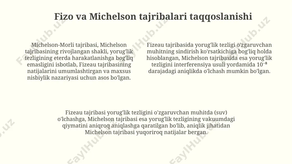 uvchi va manba o'rtasidagi nisbiy tezlik 0,1c (yorug'lik tezligining 10%) dan oshganda, relyativistik effektlarni hisobga olish zarur bo'ladi, bu esa oddiy doppler formulalarini noto'g'ri qiladi. harakatlanuvchi manbadan chiqadigan nur to'lqin uzunligining doppler effekti tufayli o'zgarishi 10% gacha yetishi mumkin, bu esa kuzatuvchi tomonidan qayd etilgan rangning siljishini keltirib chiqaradi. fizeau tajribasi va uning ahamiyati fizeau tajribasining natijalari, maksvellning elektromagnit nazariyasi bilan mos keldi va yorug'likning to'lqin tabiati haqidagi tushunchalarni mustahkamladi, 19-asr fizikasi uchun muhim qadam bo'ldi. tajriba, yorug'likning muhitdagi tezligini aniqlashda muhim rol o'ynadi va yorug'lik tezligining muhitning sindirish ko'rsatkichiga bog'liqligini tasdiqladi, bu esa optik hodisalarni tushunishda katta ahamiyatga ega. fizeau tajribasida, yorug'lik tezligini o'lchash uchun 8,63 km masofaga joylashtirilgan tishli g'ildirak va oynadan foydalanildi, bu esa yorug'lik tezligini taxminan 315,000 km/s deb aniqlashga imkon berdi. harakatlanuvchi muhitda nur tarqalishi harakatlanuvchi muhitdagi nur tezligi, muhitning o'ziga nisbatan nur tezligiga va muhitning harakat tezligiga bog'liq bo'lib, fresnel koeffitsiyenti orqali hisoblanadi. doppler …