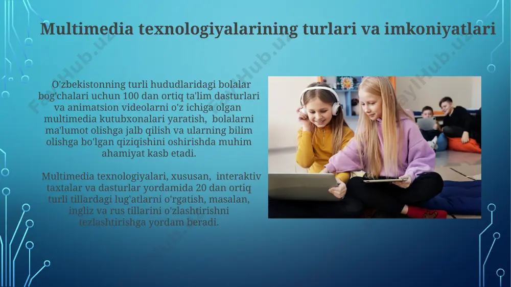 15% ga oshirgan. ota-onalar bilan hamkorlik va multimedia texnologiyalaridan foydalanish multimedia platformalaridan foydalanish orqali, masalan, "google classroom" yoki "zoom" kabi dasturlar yordamida, andijon viloyatidagi 10 ta bog'chada ota-onalar bilan muntazam aloqa o'rnatish va bolalar rivojlanishi to'g'risida ma'lumot almashish imkoniyati 3 barobar oshdi. samarqanddagi 2 ta maktabgacha ta'lim muassasasida o'tkazilgan tadqiqotlar shuni ko'rsatdiki, ota-onalar bilan hamkorlikda qo'llaniladigan interfaol multimedia dasturlari bolalarning nutq rivojlanishiga ijobiy ta'sir ko'rsatib, o'rtacha 15% ga yaxshilanish kuzatildi. maktabgacha ta'lim muassasalarida multimedia texnologiyalarining ahamiyati multimedia texnologiyalaridan foydalanish, samarqanddagi bir qator maktabgacha ta'lim muassasalarida kuzatilganidek, bolalarning mustaqil fikrlash qobiliyatini rivojlantirishga va 30% ga yaqin ijodkorlik ko'nikmalarini oshirishga yordam beradi. multimedia vositalari, jumladan interaktiv o'yinlar va animatsion filmlar, bolalarning 50 dan ortiq turdagi lug'at boyligini kengaytirishga va andijon viloyatidagi maktabgacha ta'lim muassasalarida amaliyotda tasdiqlanganidek, nutq rivojiga ijobiy ta'sir ko'rsatadi. kelajakdagi istiqbollar va yangi texnologiyalar sun'iy intellekt asosidagi ta'lim platformalari yordamida bolalarning individual o'rganish ehtiyojlariga moslashtirilgan shaxsiylashtirilgan ta'lim dasturlarini yaratish imkoniyati …