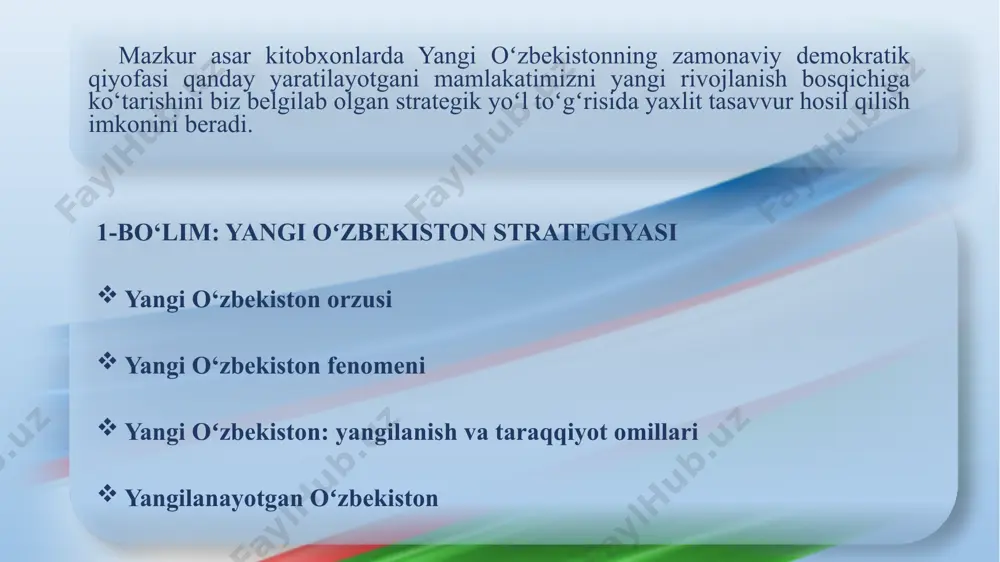 bosh maqsadiga aylanib bormoqda. 2030-yilgacha moʻljallangan barqaror rivojlanish maqsadlari mamlakatimizda har bir insonning huquq va qonuniy manfaatlarini taʼminlashni koʻzda tutadigan “hech kimni eʼtibordan chetda qoldirmaslik” tamoyili asosida amalga oshirilmoqda. parlament, fuqarolik jamiyati institutlari, ommaviy axborot vositalarining rolini kuchaytirish, “xalq – qonunlarining tom maʼnoda yagona manbai va muallifi hisoblanadi” hamda “barcha muhim qarorlar bevosita xalq bilan muloqot asosida” jamoatchilikning fikrini hisobga olgan holda qabul qilinadi” tamoyillarini amalga oshirish boʻyicha tashkiliy-huquqiy chora-tadbirlar amalga oshirilmoqda. amalga oshirilayotgan keng koʻlamli islohotlar insonlar hayotini, dunyoqarashini hamda turmush tarzini tubdan oʻzgartirmoqda. jamiyatda “yangi oʻzbekistonni birgalikda barpo etamiz” degan ulugʻvor maqsad umumxalq harakatiga aylandi. “davlat-inson uchun” tamoyili – dekmokratik islohotlar mezoni biz shu asnoda oʻzbekistonni innovatsion, zamonaviy va samarali davlatga aylantiramiz. yangi oʻzbekiston strategiyasi – fuqarolarning mamlakat ijtimoiy-siyosiy hayotidagi ishtirokini kengaytirish, ularning orzu-intilishlarini roʻyobga chiqarish, ilgʻor tashabbuslarini amalga oshirish, hayotiy muammolarini hal etish, turmush darajasini yuksaltirish, mustaqil ravishda oʻz moddiy farovonligini oshirishi uchun yetarli va zarur sharoitlarni …