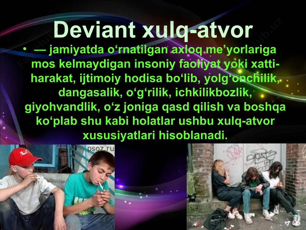 erda sog’lom fikrli farzand kamoloti, oilaviy baxtiyorlik, hamjihatlik, o’zaro hurmat-izzat haqida gap bo’lishi mumkin emas. oilaning sog’lom turmush tarzi, dunyoqarashi, ota- onaning halolligi, pokligi, mehnatsevarligi, e'tiqodi far-zandlarni ichkilikbozlikdan, giyohvandlikdan, kashanda-likdan asrovchi omillardir.