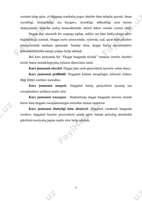 biz tek tar koncentraciyalasqan dıqqattı kóriwimiz múmkin. mısalı : balaǵa bir zat berip bir qolına uslatıp qoyıp, ekinshi qolına basqa zat bersek, ol birinshi qolındaǵı zattı tastap jiberedi, sonday eken, balanıń dıqqatı óz qolında uslap turǵan zatqa bólistirile almaydı. keyinirek dıqqatınıń bóliniwshiligi úlkenler járdemi menen balalardıń oyın xızmetlerinde, oqıw hám ámeliy miynet processinde ósip baradı. balalardıń jasları úlkeygen sayın dıqqattıń kúshi hám turaqlılıǵın óse baradı. bul qásiyetleri oyın, miynet hám oqıw processlerinde ósedi.oqıw procesi ushın dıqqattıń málim dárejede kúshli hám turaqlı bolıwı talap etiledi. dıqqat turaqlılıǵındıń ósiwine balalar sanasınań mazmunan bayıwı hám olar oylawınıń ósiwi úlken járdem beredi. bala ómiriniń dáslepki az waqıtlarına sabırsız dıqqat tán boladı. sonıń ushın aldın bala sırttan keletuǵın qozǵatıwshılarǵa qattı dawıslar, jaqtı reńlerge, tásirli boladı. bala ómiriniń úshinshi aylarıdan baslap, obyekttiń sırtqı táreplerine kóbirek qızıǵa baslaydı. endi bala qandayda bir predmetke kóbirek 6 qarawı, onı awızına salıp qoyıwı múmkin. jaltıraq zatlar onıń dıqqatın tarta baslaydı.1 …