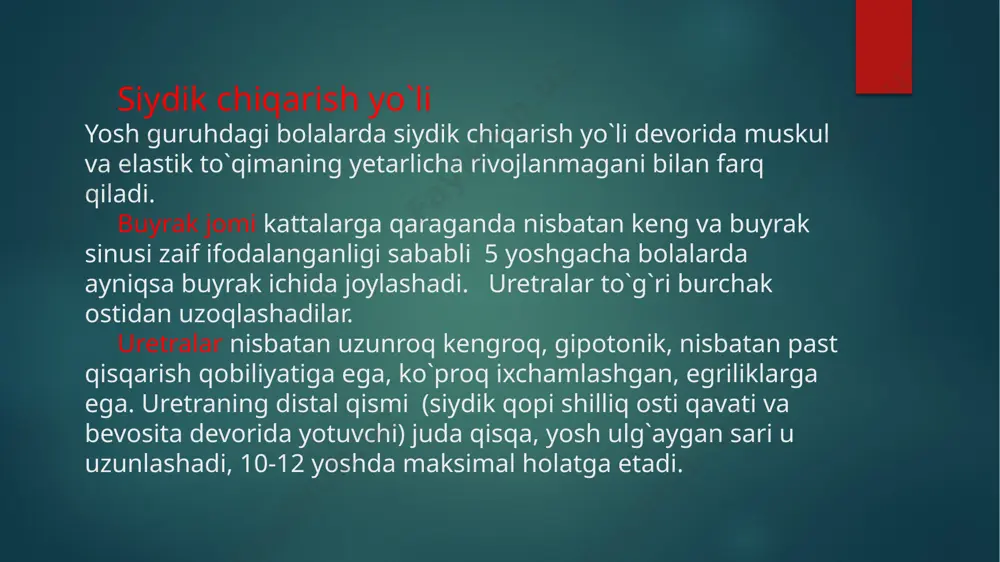 g pastki qismi yoki ba`zida oyoqqa o`tuvchi og`riq yoki yoqimsiz sezgini aniqlashda ishlatiladi (bu holda alomatlar ijobiy deb baholanadi). musbat urib ko`rish simptomi buyraklar va buyrak atrofi to`qimasi kletchatkasi yallig`lanish jarayonida (pielonefrit, paranefrit), siydik tosh kasalliklarida aniqlanadi. perkussiyada qov ustida to`lgan siydik pufagini yuqori qirrasi joylashish balandligini aniqlash mumkin. bu maqsadda chap qo`l barmoq-plessi metri qovga parallel joylashtiriladi va qorinning o`rta liniyasi bo`yicha kindikdan pastgacha bo`g`iq tovush paydo bo`lguncha palpatsiyalanadi. ushbu metod o`tkir siydik tutilishiga taxmin qilinganida foydalaniladi. shuningdek perkussiyada qorin bo`shlig`ida erkin suyuqlik borligini aniqlash mumkin auskultatsiya qorin auskultatsiyasi ikkala tomonda buyrak tomirlari proyeksiyasida o`tkaziladi. buyrak sohasida sistolik shovqinlarni aniqlash ushbu sohadagi buyrak arteriyalariga yoki ushbu sohadagi aortaga zarar etganidan ko`rsatadi (buyrak arteriyalarining tug`ma yoki orttirilgan stenozi). image6.png image7.png image8.png image2.png image3.png image4.png image5.png /docprops/thumbnail.jpeg