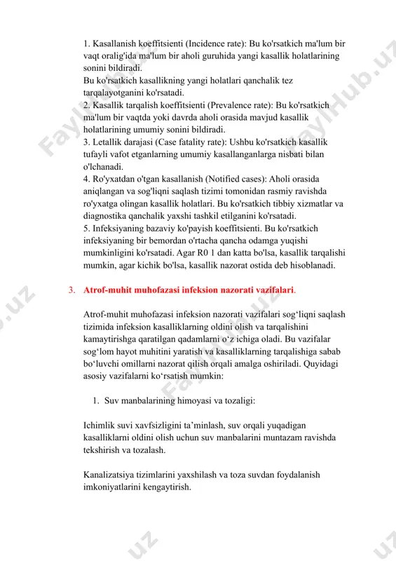 mi tomonidan muayyan kasalliklarning tarqalishini baholash va nazorat qilishda qo'llaniladi. asosiy ko'rsatkichlar quyidagilar: 1. kasallanish koeffitsienti (incidence rate): bu ko'rsatkich ma'lum bir vaqt oralig'ida ma'lum bir aholi guruhida yangi kasallik holatlarining sonini bildiradi. bu ko'rsatkich kasallikning yangi holatlari qanchalik tez tarqalayotganini ko'rsatadi. 2. kasallik tarqalish koeffitsienti (prevalence rate): bu ko'rsatkich ma'lum bir vaqtda yoki davrda aholi orasida mavjud kasallik holatlarining umumiy sonini bildiradi. 3. letallik darajasi (case fatality rate): ushbu ko'rsatkich kasallik tufayli vafot etganlarning umumiy kasallanganlarga nisbati bilan o'lchanadi. 4. ro'yxatdan o'tgan kasallanish (notified cases): aholi orasida aniqlangan va sog'liqni saqlash tizimi tomonidan rasmiy ravishda ro'yxatga olingan kasallik holatlari. bu ko'rsatkich tibbiy xizmatlar va diagnostika qanchalik yaxshi tashkil etilganini ko'rsatadi. 5. infeksiyaning bazaviy ko'payish koeffitsienti. bu ko'rsatkich infeksiyaning bir bemordan o'rtacha qancha odamga yuqishi mumkinligini ko'rsatadi. agar r0 1 dan katta bo'lsa, kasallik tarqalishi mumkin, agar kichik bo'lsa, kasallik nazorat ostida deb hisoblanadi. 3. atrof-muhit muhofazasi infeksion nazorati vazifalari. …