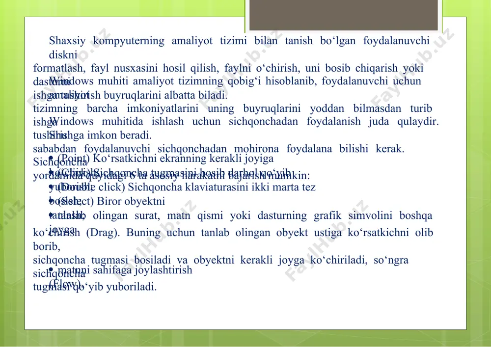 masibosiladi va obyektni kerakli joyga ko‘chiriladi, so‘ngra sichqoncha tugmasi qo‘yib yuboriladi. ·matnni sahifaga joylashtirish (flow). pagemaker dasturida katalog va fayllar bilan ishlaydi. fayl nomi. pub kengaytmasi bilan yoziladi. misol uchun:sample1.pub. boshqa katalogga o‘tish uchun sichqoncha yordamida ko‘rsatkichni muloqot oynasidagi «|» belgisi ustiga keltirib va sichqoncha chap tugmasini ikki marta bosiladi. chap oynada kataloglar ro‘yxati paydo bo‘ladi. kerakli katalog nomini tanlab sichqoncha tugmasini ikki marta bosiladi. nashriyot tizimlarining asosiy vazifasi nashrni tayyorlashda tez takrorlanuvchi operatsiyalarni iloji boricha ko‘proq avtomatlashtirishdir. uning afzalligi esa, bu nashr sahifasi va uning umumiy ko‘rinishini tayyorlashdagi qulaylik va o‘zgartirishlar kiritishning osonligi, hamda vaqt tejalishidir. nashr sahifasining umumiy ko‘rinishini tayyorlashda shaxsiy kompyuterdan foydalanish maqsadga muvofiqdir. asl nusxa maketini bosib chiqarish uchun esa lazerli printerdan foydalanish ma’quldir. matn va suratlar kompyuter xotirasiga iloji boricha oldinroq kiritilgan bo‘lishi kerak. nashr elementlarini kompyuterda saqlashning asosiy afzalligi shundaki, matnni to‘g‘ridan-to‘g‘ri harf terish qurilmasiga berish mumkin, matn bilan suratlarni mos joyga qo‘lda joylashtirishga …