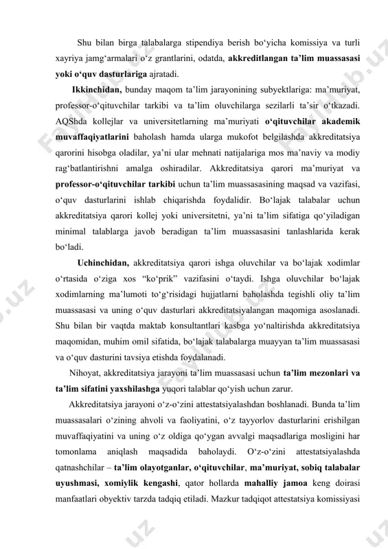di. tashqi attestatsiya nozirlar guruhi tomonidan о‘tkaziladi, bular ta’lim tizimi mutaxassis xodimlardan iborat attestatsiya komissiyasi tarkibiga kiradi. ta’lim muassasalari, shu jumladan о‘qituvchi xodimlar tashqi attestatsiyasi va о‘z-о‘zini attestatsiyalash deyarli barcha rivojlangan mamlakatlarda о‘tkaziladi. har ikki tur attestatsiya о‘z afzallik va kamchilik tomonlariga ega bо‘lgan holda, bir-birini tо‘ldiradi va ta’lim muassasasi haqida tо‘liq tasavvur beradi. tashqi attestatsiya davlat ta’lim standartlarini joriy etishda ta’lim muassasasini hosil tekshirish kafolatini beradi. u о‘quv-tarbiya jarayoni butkul muammolarini ochishga va unda yaxshi tomonga о‘zgarish yasash keng istiqbolini ta’minlashga xizmat qiladi. о‘z-о‘zini attestatsiyalashda ta’lim muassasasidagi ish maromini buzishga hojat yо‘q. о‘z-о‘zini attestatsiyalash asosiy e’tiborni о‘qituvchilar malakasiga qaratadi va ularga tashqi attestatsiyadan farqli о‘laroq kamroq ruhiy ta’sir о‘tkazadi. shu bilan birga о‘z-о‘zini attestatsiyalar ozmi kо‘pmi muntazam jarayon hisoblanadi va ta’lim muassasasini har qanday faoliyat turiga taaluqli bо‘lishi mumkin. lekin о‘z-о‘zini attestatsiyalash ta’lim muassasasi va uning о‘qituvchilari tarkibining faoliyati obyektiv baholanishini kafolatlamaydi. attestatsiyada va о‘z-о‘zini attestatsiyadan о‘tkazishda (ta’lim muassasasi …
