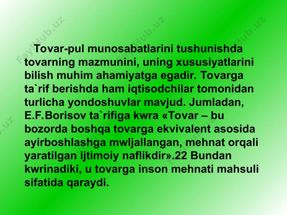 bir tomondan, bu – muayyan turdagi aniq mehnatdir. shuning uchun, iste`mol qiymatni yaratgan mehnat aniq mehnat deb nom olgan qiymatning mehnat nazariyasi. bu nazariyaning asoschilari bo’lib uil`yam petti, adam smit, david rikardolar hisoblanadi. qiymatning mehnat nazariyasi tarafdorlari tovar ishlab chiqarish sharoitda tovar ishlab chiqaruvchilar o’rtasidagi aloqalarni, ijtimoiy mehnatni taqsimlash va rag`batlantirishni tartibga soluvchi, ob`ektiv qiymat qonunini mavjud bwlishini tan oladi. ular fikriga kwra, bu qonunga binoan tovar ishlab chiqarish va ayirboshlash ularning qiymati asosida amalga oshiriladi. talab = taklif bwlgan holda: narx = qiymat. talab > taklif bwlgan holda: narx > qiymat. talab < taklif bwlgan holda: narx < qiymat. qiymat qonunining tartibga solib turuvchi mexanizmi rakobat kurashi natijasida bozor narxlarining stixiyali ravishda tebranib turishidan, ularning ijtimoiy qiymatdan farq qilib turishidan iborat. tovar narxining ijtimoiy qiymatidan chetga chiqish shart-sharoitlari quyidagilardan iborat deb hisoblanadi: pul uzoq zamonlardan beri odamlarga ma`lum. pulning kelib chiqishi turli nazariyotchilar tomonidan tovar ayirboshlash jarayonining rivojlanishi bilan …