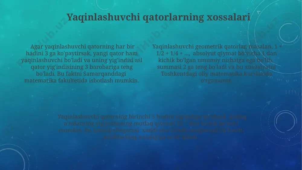 igonometrik qatorlar, jumladan, furye qatorlari, murakkab funksiyalarni sodda trigonometrik funksiyalar yig‘indisiga yoyish imkonini beradi. trigonometrik qatorlar, masalan, sin(x) ning teylor qatori, x ning kichik qiymatlarida tez yaqinlashadi, lekin x ning katta qiymatlarida yaqinlashish sekinlashadi, bu esa 100 ta a’zo bilan ham aniqlikni ta’minlamasligi mumkin. trigonometrik qatorlarning yaqinlashishi yoki uzoqlashishi qator a’zolari orasidagi munosabatlarga, masalan, 1/n2 kabi kamayish tezligiga va x ning qiymatlariga, masalan, x = π/2 ga bog‘liq bo‘ladi. e'tiboringiz uchun rahmat @taqdimot_robot image3.png