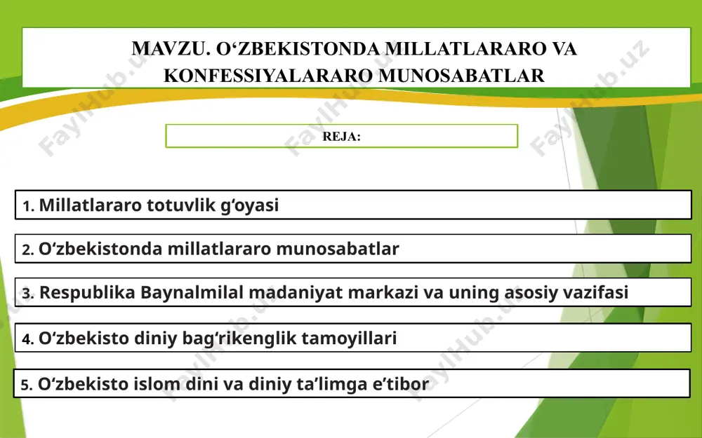 slar, nemislar, turklar, polyaklar, greklar, qrim-tatar va boshqa millat vakillari o‘zbekistonni vatan tutdilar o‘zbekistonda ta’lim 7 tilda olib boriladi. bular sirasiga o‘zbek va qoraqalpoq tillaridan tashqari rus, qozoq, turkman, tojik va qirg‘iz tillarini kiritish mumkin. teleradio ko‘rsatuv va eshittirishlar 12 tilda efirga uzatilmoqda, gazeta va jurnallar 10 dan ortiq tillarda chop etilmoqda bugun respublika hududida yashovchi 130 dan ortiq millat va elat vakillari uchun o‘zbekiston konstitutsiyasi millatlararo totuvlikni mustahkamlash, barqarorlik va taraqqiyotni ta’minlashning kafolati bo‘lib xizmat qilmoqda yunesko 1995-yil parijda «bag‘rikenglik tamoyillari deklaratsiyasi»ni qabul qildi. birlashgan millatlar tashkiloti esa har yilning 16-noyabrini «xalqaro bag‘rikenglik kuni» deb e’lon qildi. 2017-yil 19-mayda o‘zbekiston respublikasi prezidentining «millatlararo munosabatlar va xorijiy mamlakatlar bilan do‘stlik aloqalarini yanada takomillashtirish chora-tadbirlari to‘g‘risida»gi farmoni qabul qilindi sssr davrida o‘zbekistonda 89 masjid, 2 ta madrasa bo‘lgan, 2017-yilga qadar esa 2033 ta masjid, islom universiteti, islom instituti, 16 ta diniy konfessiyalar faoliyat yuritib keld o‘zbekiston aholisining 88 foizi islom diniga, …
