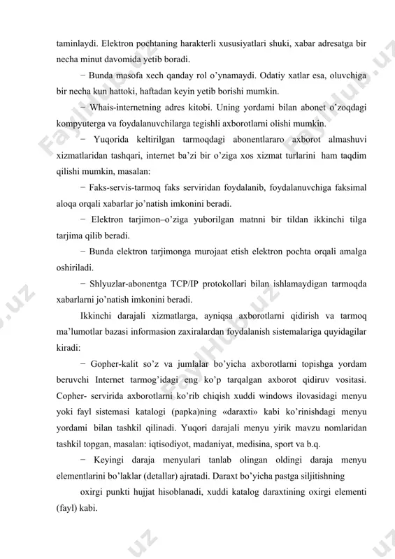rzon global aloqa; muloqot va axborot almashuvidagi qulaylik; kira olinadigan dasturlar, ajoyib tarmoq zaxiralari va boshqalar. ular global tarmoqni o’zlarining xususiy intellektual imkoniyatlariga qo’shimchadek qaraydilar. hozirgi vaqtda axborot asri boshlanajagi, unga bo’ladigan talab va talabgorlar sonining to’xtovsiz oshib borajagini hamma anglamoqda. tabiiyki, ishonchli va operativ axborotsiz vaqt bilan baravar qadam tashlab bo’lmaydi, inson faoliyatining xohlagan soxasida qo’yilgan maqsadga erishib bo’lmaydi. shuning uchun barchamiz har xil internet xizmatlaridan potensial foydalanuvchi bo’lib boramiz. 2.internetning dasturiy ta’minoti internet axborotni etkazib berishda klient-server (client-server yoki mijoz- xodim) modeli asosida ishlaydi. bu model’ yana mehmon-mezbon (guest-host) deb ham ataladi. klient-server modelida klient komp’yuteri axborot saqlanadigan server komp’yuteriga ulanadi, klient axborotni olish uchun server unga xizmat ko’rsatishini kutadi. buning uchun klient serverga unga xizmat ko’rsatishlari haqida talab jo’natadi. bu xizmatlar axborotni qidirib topish va uni jo’natish bo’lishi mumkin. bu narsa tarmoqda ma’lumotlar ombori bilan ishlashga o’xshab ketadi. elektron pochta xabarlarini etkazib berish, kirib kelgan va jo’natilgan …