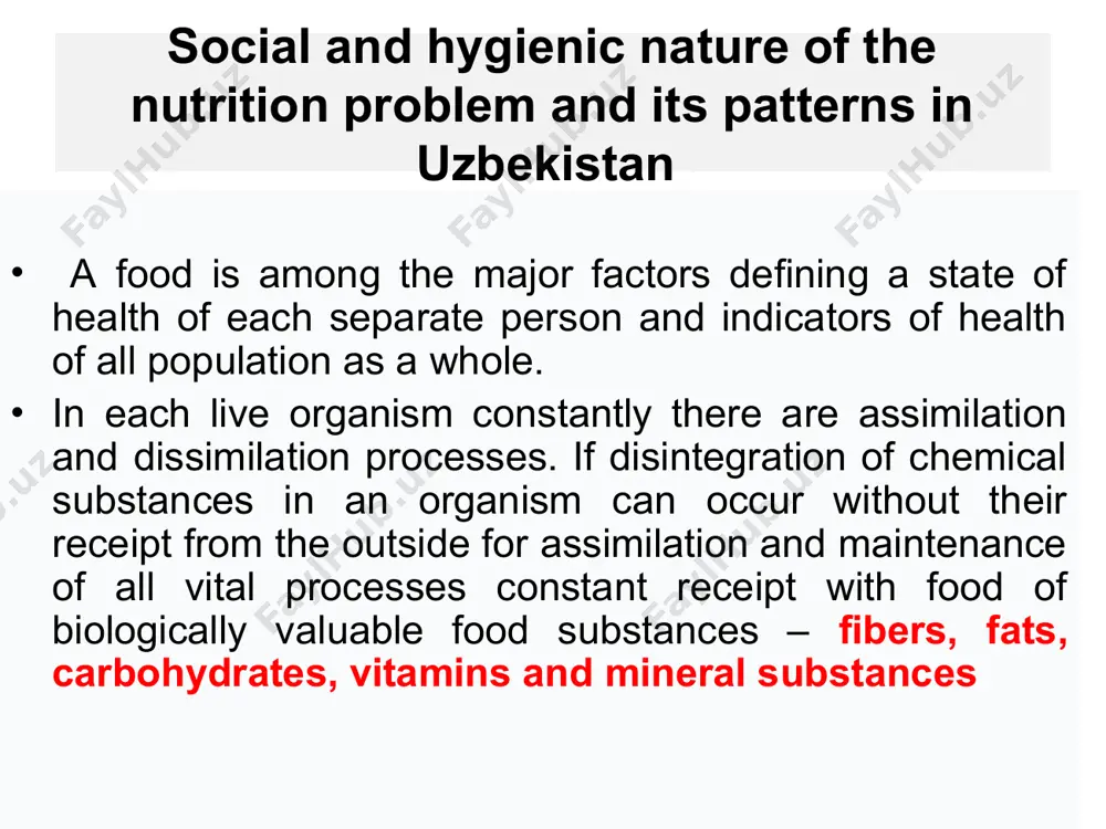 also appreciably defines health of the person. it is known, that indicators of health of the population are in a close connection with its food. 2,5 т оқсил, 3 т ёғ, 10 т карбонсув, 250 кг ош тузини истеъмол қилади. инсоннинг яшаш умри давомида одам ўрта ҳисобда (70 йиллик) 2,5 т оқсил 3 т ёғ 10 т карбонсув 250 кг ош тузини истеъмол қилади. social and hygienic nature of the nutrition problem and its patterns in uzbekistan the problem of a food of the population is not purely hygienic. in many respects it is a social problem as its specificity and the decision are closely connected with such factors as economy and economic relations, state social policy, its economic potential. the food problem in many countries is connected with number of the population. in our republic the problem of a food of the population has the features. the concept of …