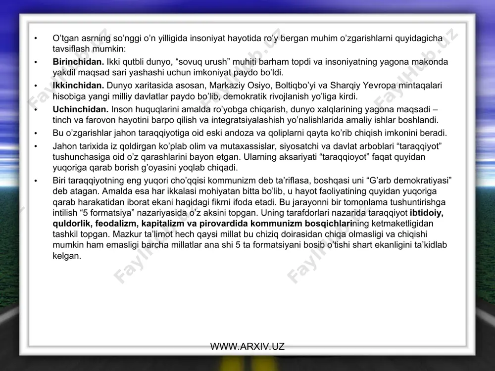davr – o’ziga xos tahdid” degan fikrni ilgari surgan. uning fikricha insoniyat tarixi faqat bir yo’l – davrlar orqaligina kechadi. va har bir tarixiy davr o’ziga xos xususiyatga ega bo’ladi. uni aniq tasavvur etish va bu jarayondagi muammolarning yechimini topishga bo’lgan intilish esa davr tahdidiga berilgan javob hisoblanadi. shubhasiz, davrga nisbatan befarqlik har qanday millatni tarix sahifasidan butunlay o’chib ketishga olib kelishi mumkin. davrni chuqur anglab yetgan, unga hamnafas bo’lishga intilgan millat esa abadul-abad yashab qoladi. boshqacha aytganda, davrni chuqur o’rganib, uning talablariga javob berishga qodir millatgina barhayotdir. demak, bir tomondan, davr talabi va ikkinchi tomondan, davrni anglash jarayonlari bir-biri bilan dialektik bog’langan bo’lib, taraqqiyot uchun zamin hozirlaydi. davrga nisbatan befarq bo’lgan millat esa daraxtdan uzilgan shoh singari qovjirab qolishi bashariyat tarixida ko’p bora isbotlangan. millatlarning davr talabiga hamnafaslik darajasini belgilaydigan muayyan mezonlar mavjuddir. birinchidan, o’z rivojlanish tamoyillariga amal qilgan holda qoqilmay olg’a intilayotgan millat davr bilan hamnafas taraqqiy etadi, …