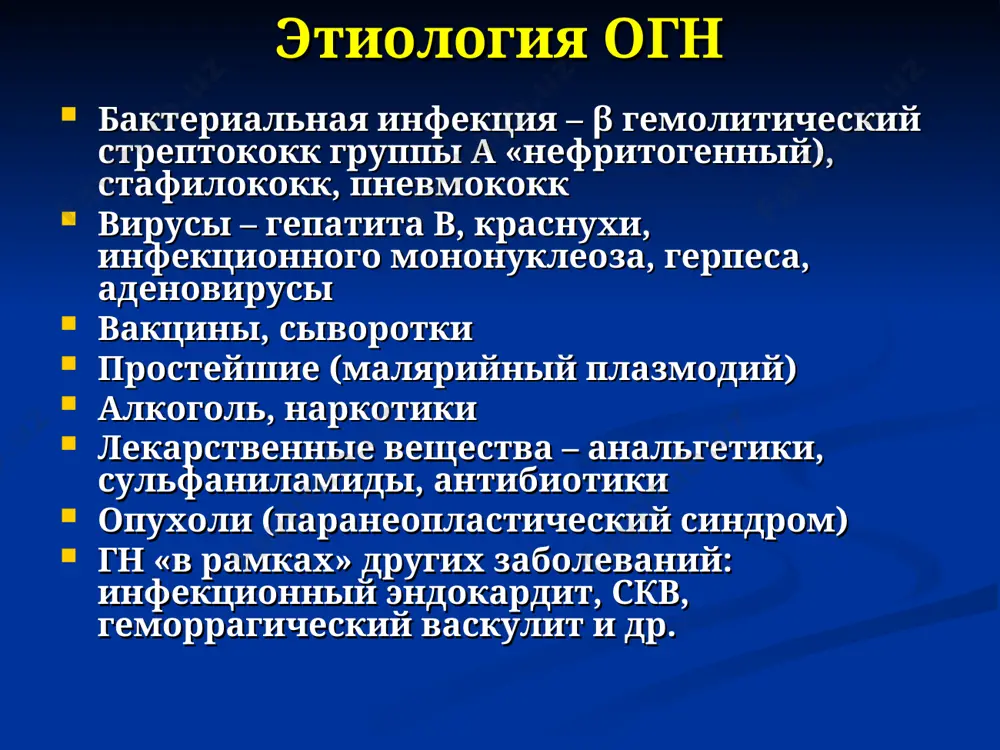ти лечения быстропрогрессирующего гломерулонефрита лечение в специализированном стационаре пульс терапия метилпреднизолоном циклофосфамид внутривенно интенсивный плазмаферез биопсия почки рекомендации после выписки лица перенесшие огн наблюдаются на протяжении 2 лет в первые 6 месяцев анализ мочи проводят 1 раз в месяц, в последующем - 1 раз в 3 месяца женщинам не беременеть в течение 3 лет запрещается тяжелый физический труд, работа в холодных и сырых помещениях санация очагов хронической инфекции хроничекий гломерулонефрит хроническое диффузное заболевание почек в основе патогенеза лежит иммунный механизм с поражением клубочкового аппарата, с последующим вовлечением остальных структур почки прогрессирующее течение с развитием нефросклероза и почечной недостаточности этиология хгн инфекционные агенты – бактериальные (str,staf, tbs и др.), вирусные (гепатит в,с, цитомегаловирус, вич) токсические – алкоголь, наркотики, органические растворители, ртуть механизмы формирования хгн иммунные неиммунные иммунокомплексные гемодинамические (с гетероантигеном) метаболические антительные, в т.ч.: аутоиммунные (с аутоантигеном) клинические варианты хгн (1) латентный – самая частая (44%) изолированный мочевой синдром, иногда умеренная …