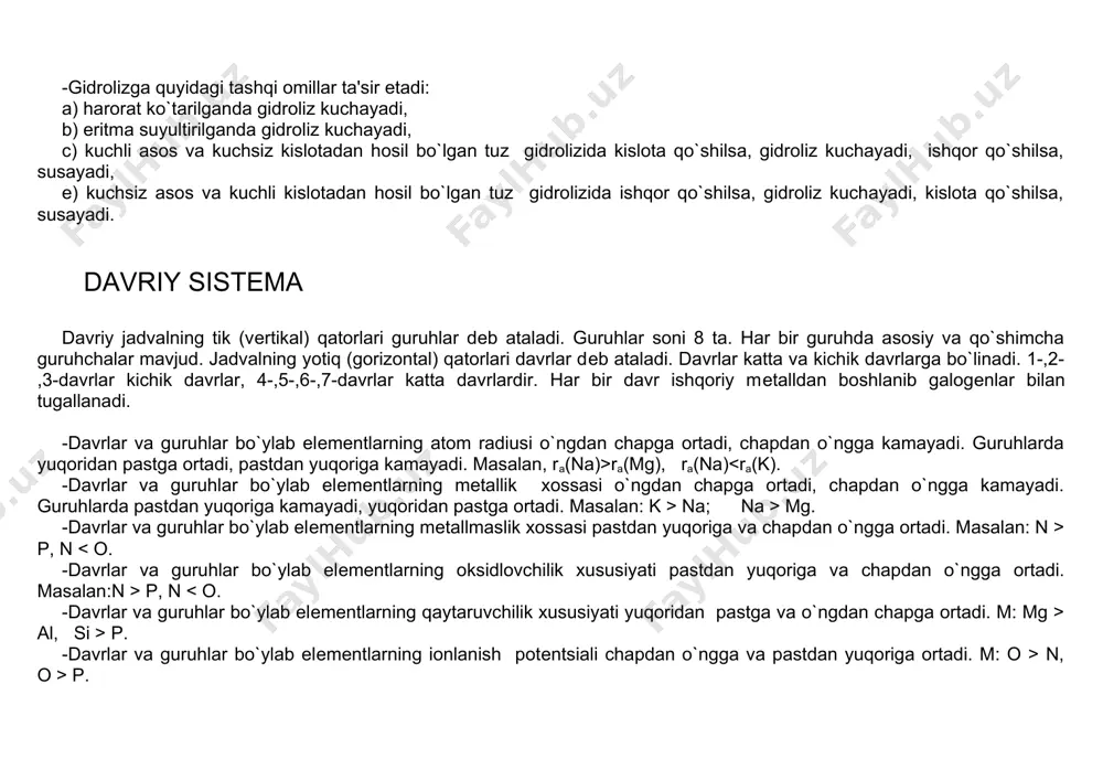 dan chapga va yuqoridan pastga ortadi. masalan: koh > naoh; koh > ca(oh)2. -davrlar va guruhlar bo`ylab kislorodli kislotalarning kuchi pastdan yuqoriga va chapdan o`ngga ortadi. m: h2co3 > h2sio3, hno3 > h2co3 -davrlar va guruhlar bo`ylab kislorodsiz kislotalarning kuchi chapdan o`ngga va yuqoridan pastga ortadi. m: hbr > hcl hcl > h2s -davrlar va guruhlar bo`ylab bog`larning qutbliligi chapdan o`ngga va pastdan yuqoriga ortadi. m: h2o > nh3, hf > h2o -davrlar va guruhlar bo`ylab bog`larning barqarorligi chapdan o`ngga va pastdan yuqori ga ortadi. m: h2o > nh3, hf > h2o -davr va guruhlar bo`ylab elеmеntlar birikmalarining ionlilik darajasi: a) elеmеntlar davriy jadvalda bir–biridan qanchalik uzoq joylashgan bo`lsa, ular hosil qilgan bog`ning ionlilik darajasi shuncha katta bo`ladi. m: kf > naf. b) elеmеntlarning nisbiy elеktromanfiyliklari farqi qanchalik katta bo`lsa, bog`ning ionlilik darajasi shuncha katta. m: kf da δ= 3,3; naf da δ= 3,2. kf > naf. davr elеmеntlari hosil …