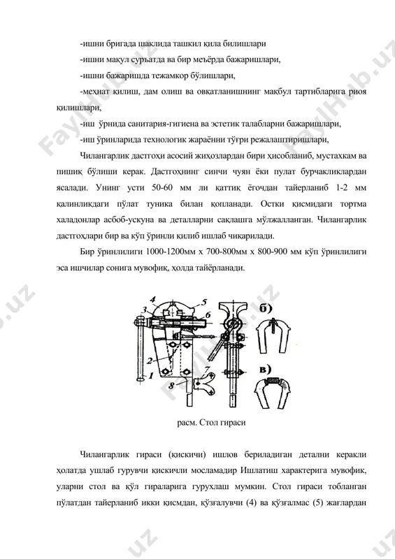 6) билан маҳкамланган. дастак тутқичини (5) у ёки бу томонга айлантирилиши натижасида винт (11) гайкага (10) буралиб кирада. қўзғалувчи жағ ва қўзғалмас жағ (9) га яқинлашиб, ишлов бериладиган детални қисади. қўзғалмас жағ гиранинг асоси билан марказий болт воситасида бирлаштирилган бўлиб, у болт атрофида ҳар икки томонга 60° дан кам бўлмаган ҳолатда бурила олади. бурилмайдиган параллел жағли гиралар дастгоҳ устига ўзининг асоси (6) билан ўрнатилади. унинг хизмат муддатини узайтириш мақсадида бурилувчи гиралардаги каби жағларига пластинка (3) ўрнатилади. бу гиранинг ишлаш тартиби ҳам худди буриладиган гиралар сингари. бурилмайдиган жағларнинг (4) ўлчами 80 ва 140 мм, жағларининг керилиши 95 ва 180 мм. пневматик гиралар жисмоний куч ишлатмасдан деталларни ишончли равишда доимий қисиб туриш имконини беради, унинг қиса олиш вақти 2-3 сония, кучланиш эса 300 н. пневматик гиралар асосга болталар билан бириктирилган қўзғалувчи қисмдан иборат. иш жойини ташкил қилишда режалаштириш мухим бўлиб, иш вақтининг хар бир дақиқасида самарали фойдаланиш талаб этилади. иш вақтининг қадрига …