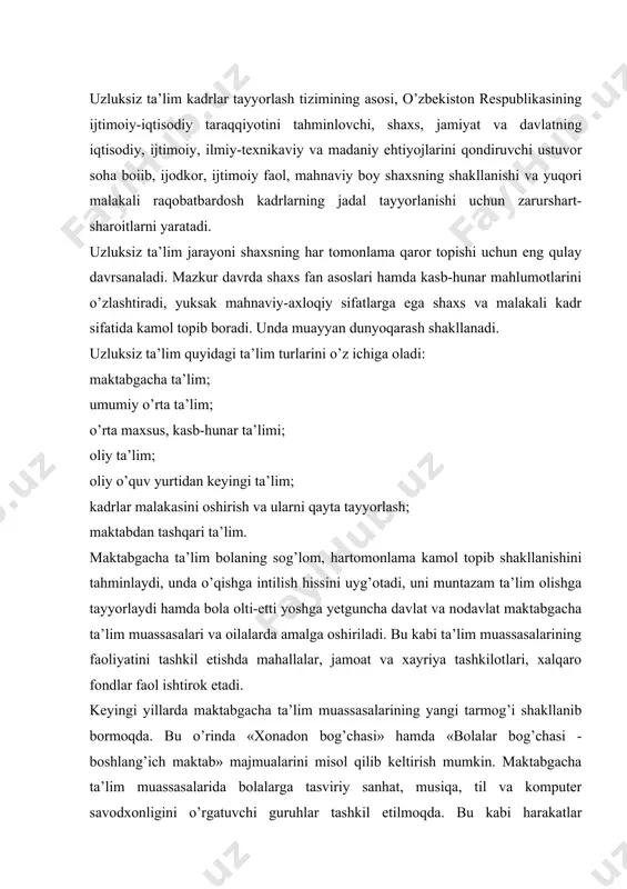 assasalarida bolalarga tasviriy sanhat, musiqa, til va komputer savodxonligini o’rgatuvchi guruhlar tashkil etilmoqda. bu kabi harakatlar maktabgacha ta’lim yoshidagi bolalarning «kadrlar tayyorlash milliy dasturi» talablari asosida mahnaviy-axloqiy tarbiyalashga xizmat qiladi. umumiy o’rta ta’lim to’qqiz yillik majburiy xarakterdagi umumiy hamda uch yillik majburiy-ixtiyoriy xarakterdagi o’rta maxsus, kasb-hunar ta’limidan iborat. umumiy o’rta ta’lim boshlang’ich ta’limni ham qamrab oladi. mazkur bosqichda o’quvchilarning fanlar asoslari bo’yicha muntazam bilim olishlari, ularda bilim olish chtiyojining yuzaga kelishi, asosiy o’quv-ilmiy va umummadaniy bilimlarning o’zlashtirishlari, milliy va umumbashariy qadriyatlarga asoslangan mahnaviy-axloqiy fazilatlar, mehnat, ijodiy fikrlash, atrof-muhitga ongli munosabatda bo’lish, shuningdek, kasb tanlash ko’nikmalarining shakllanishi uchun pedagogik shart-sharoit yaratiladi. davlat tomonidan tasdiqlangan namunadagi attestat o’quvchilarning umumiy o’rta va o’rta maxsus, kasb-hunar mahlumotiga egaliklarini belgilaydi. o’quvchilarni kasb-hunarga yo’naltirish vazifasi maktab jamoasi va ota-onalar hamkoriigida o’quvchilarni kasb-hunarga yo’naltirish va psixologik-pedagogik tashhis markazlari rahbarligida amalga oshiriladi. o’qish muddati uch yil bo’lgan maiburiv o’rta maxsus. kasb-hunar ta’limi uzluksiz ta’lim tizimining mustaqil turi sanalib, …