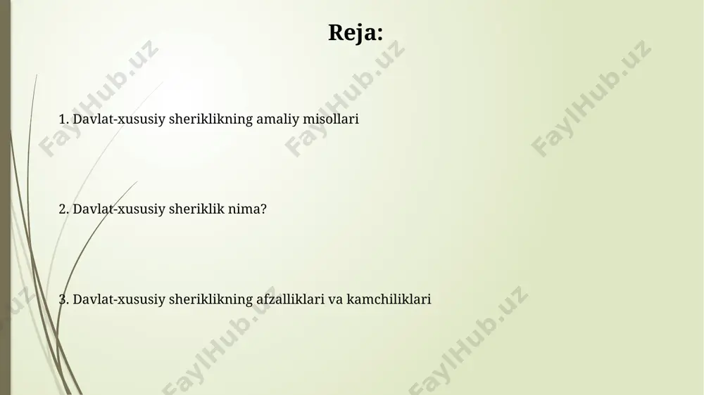 malga oshirilgan andijon viloyatidagi 5 ta suv ta'minoti loyihasining muvaffaqiyatsiz natijalari tahlil qilinishi kerak. davlat-xususiy sheriklikning afzalliklari davlat-xususiy sheriklik (dxs) loyihalari, masalan, toshkent shahridagi yangi yo'l qurilishida 20% gacha davlat byudjetidan tejashga va 30% ga tezroq qurilish muddatlarini ta'minlashga yordam beradi. xususiy sektorning innovatsion texnologiyalari va ekspertizasi tufayli, samarqanddagi dxs orqali amalga oshirilgan suv ta'minoti tizimini modernizatsiya qilish 15% ga samaradorligini oshirdi va 5 million aholini toza suv bilan ta'minladi. moliyalashtirish va xarajatlar 2022-yilda toshkent shahrida amalga oshirilgan ppp loyihasi doirasida 50 million dollar miqdorida xususiy sektor tomonidan investitsiya kiritilgan bo'lib, bu mablag'lar infratuzilmani rivojlantirishga yo'naltirilgan. buxoro shahridagi yangi yo'l qurilishi uchun ajratilgan 10 million so'mlik byudjetning 40%ini davlat, qolgan 60%ini esa xususiy sherik tomonidan taqdim etilgan grantlar va kreditlar qoplaydi. xavflarni boshqarish o'zbekistondagi ppp loyihalarining 2022-yilgi tahliliga ko'ra, tabiiy ofatlar (zilzilalar, sel kabi) 15% gacha xavflarni tashkil etib, bu xavflarni boshqarish uchun batafsil rejalashtirish va muhandislik tadqiqotlari zarur. samarqand …