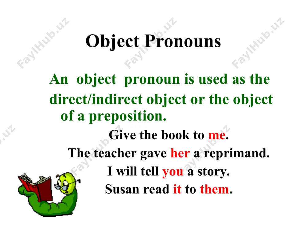 nouns often have indefinite pronouns as their antecedents. in such cases, the pronouns must agree in number. note that in the first example the intervening prepositional phrase does not affect the agreement. each of the characters has his or her motive. several have conflict with their rivals. continue activity 5 do exercise 8 and 9 in your english text, page 403. you do not have to write the sentences. continue reflexive pronouns a reflexive pronoun refers to a noun or another pronoun and indicates that the same person or thing is involved. reflexive pronouns are formed by adding –self or –selves to certain personal and possessive pronouns the woman found herself a book of folktales. reflexive pronoun continue reflexive pronouns sometimes hisself is mistakenly used for himself and theirselves for themselves. avoid using hisself and theirselves. singular plural myself yourself himself, herself, itself ourselves yourselves themselves continue intensive pronouns an …