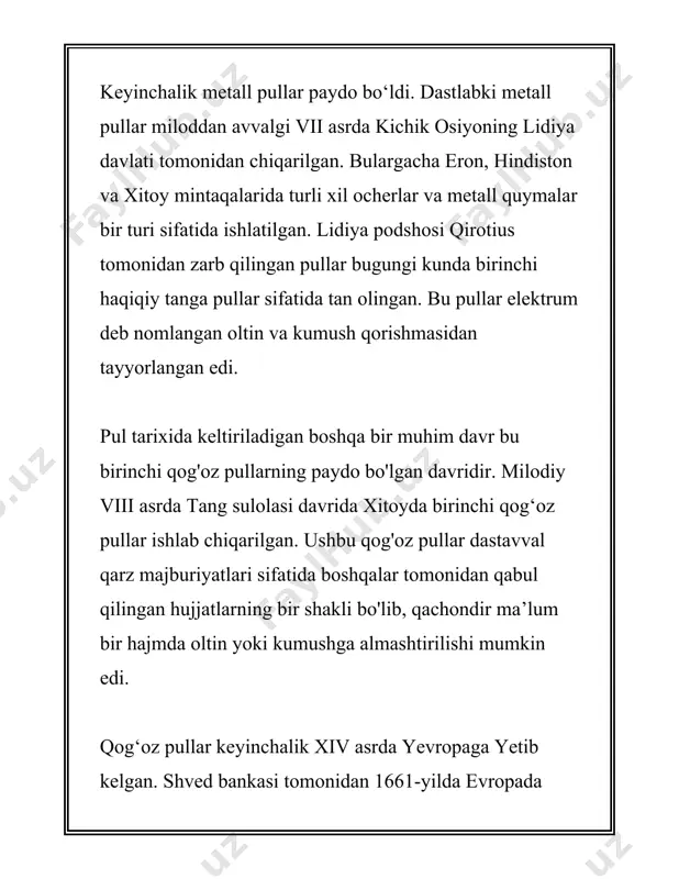 imkoniyatlar va xavf-xatarlarni yuzaga keltiradi, shuning uchun pul va moliya sektorini nazorat qilish yanada murakkablashmoqda. mazkur omillarni hisobga olgan holda, pulning asosiy funksiyalari va ular orqali ta'minlanadigan iqtisodiy barqarorlik barcha davlatlar uchun strategik ahamiyat kasb etadi. pul tizimi va uning samaradorligi mamlakatning raqobatbardoshligi va xalqaro maydondagi mavqeini belgilab beradi. shu sababli, pul siyosati va moliya boshqaruvi davlatlar uchun strategik ahamiyatga ega masalalardan biridir. pul va uning funksiyalari haqidagi amaliy tushunchalar har bir fuqaroning kundalik hayotida ham ko‘zga tashlanadi. pulning amaliy qo‘llanilishi va undan samarali foydalanish jamiyatdagi iqtisodiy farovonlikka ijobiy ta’sir ko‘rsatadi. o‘quv va targ‘ibot ishlari orqali moliyaviy savodxonlikni oshirish davlatning iqtisodiy siyosatining muhim bir qismi bo‘lishi kerak, chunki bu aholining moliyaviy resurslardan oqilona foydalanishini ta’minlaydi. yuqorida bayon etilgan pulning funksiyalari va ularning amaliy ahamiyati pul tizimi va moliyaviy siyosatning barqaror va samarali bo‘lishini ta’minlashda, shuningdek, iqtisodiyotda ishonchni kuchaytirishda muhim rol o‘ynaydi. 3. pul turlari pul turlari haqida gapirganda, asosan uchta …