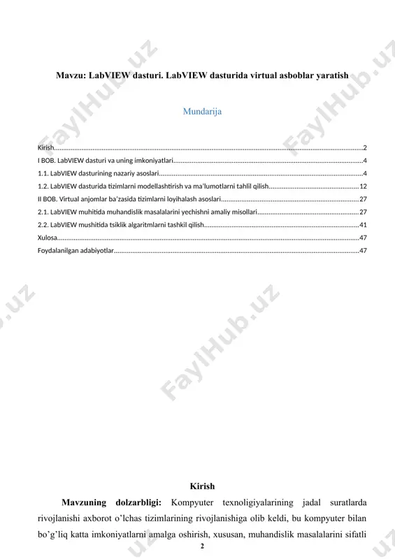 r, jumladan multisim bilan birgalashib ishlash imkoniyatlari yaratilgan. shuningdek, lab viewda standart instrumentlar vositalari ham dasturga kiritilgan. uning yordamida kontrol nuqtasini o’rnatishimiz, dastur bajargan ishlar yordamida kompyuter animatsiyasidan foydalanishimiz mumkin, ma’lumotlarning dastur orqali qanday almashayotganini yaqqol ko’rishimiz mumkin. kurs ishining maqsadi: labview dasturi va uning imkoniyatlarini yoritib berish, labview dasturi. labview dasturida virtual asboblar yaratish asoslari hamda bu sohadagi muammolar va ularning yechimlari yuzasidan amaliy takliflar va tavsiyalarni berishdan iborat. kurs ishining obyekti: labview dasturi. labview dasturida virtual asboblar yaratishning amaliy va nazariy masalalari kurs ishining predmeti: labview dasturida virtual asboblar yaratish. labview muhitida muhandislik masalalarini yechishni amaliy misollari. kurs ishining nazariy va uslubiy asoslarini xorijlik yetakchi olimlarning amaliy ishlanmalari, ilmiy maqola va konseptual nazariyalari tashkil etadi. kurs ishi tuzilishi: bajarilgan kurs ishi kirish qismi, ikkita bob va qilingan xulosalardan iborat. ishda oʻrganilishi e’tiborga olingan ma’lumotlar tushunarli ravishda ifodalash uchun chizma jadvallar va rasmlar berildi.ishga qoʻyilgan maqsadga erishishi uchun toʻplangan …