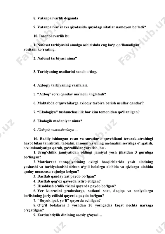 anday xat paydo bo‘lgan? 4. dastlab qog‘oz qayerda ixtiro etilgan? 5. hisoblash o‘nlik tizimi qayerda paydo bo‘lgan? 6. yеr kurrasini graduslarga, sutkani soat, daqiqa va soniyalarga bo‘lishning joriy etilishi qayerda paydo bo‘lgan? 7. "buyuk ipak yo‘li" qayerda ochilgan? 8. o‘g‘il bolalarni 5 yoshdan 20 yoshgacha faqat nechta narsaga o‘rgatilgan? 9. zardushtiylik dinining asosiy g‘oyasi… 10. turkiy xalqlarning yozma ma'rifiy yodgorliklari 1. islomiy g‘oyalar 2. «qur'on»ning qaysi surasi kishilarni ilm o‘rganishga davat etuvchi fikrlar bayon etilgan? 3. «sahih» yo‘nalishining asoschisi kim? 4. xalifa horun ar-rashid va uning o‘g‘li al-ma'mun davrida 5. muhammad al-xorazmiy qanday g‘oyani ilgari surgan. 6. mashhur yunon faylasuflari forobiyga qanday nom berishgan? 7. “axloqiy fazilatlar deganda bilimdonllik, donolik va mulohazali bo‘lish, vijdonlilik, kamtarlik, ko‘pchilik manfaatini yuqori qo‘yish, haqiqat, ma'naviy yuksaklikka intilish, adolatlilik kabi xislatlarni tushunadi”, – deb kim aytgan? 7. «qadimgi xalqlardan qolgan yodgorliklar» asarining muallifi kim? 8. bilim olishda bolalarni maktabda o‘qitish zarurligini kim aytib o‘tgan? 9. …