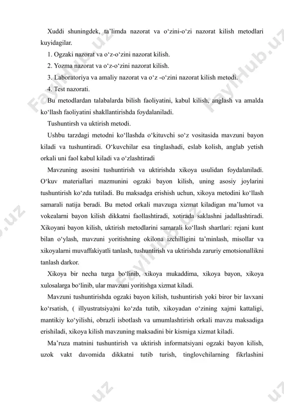 aridan foydalaniladi. tushuntirish va uktirish metodi atroflicha o‘ylangan fikrlar, savollar yordamida bilim berilib, u o‘kuvchini faktlar tizimini, yangi tushunchalar va konuniyatlarni o‘zlashtirishga olib keladi. ta’limning muammoli-kidiruv metodlari; tizimni so‘z orkali ifodalash, ko‘rgazmali va amaliyot metodlari yordamida foydalaniladi. ta’limni muammoli o‘kitish jarayonida o‘kituvchi talabalarning bilish faoliyatini ko‘zgatadigan, faollashtiradigan, ongni charxlaydigan vazifalar beradi. talabalar mustakil xolda yoki o‘kituvchining yordamida uni yechish, xal kilish uchun ijodiy izlanadilar. muammoli o‘kitish yoki muammoli masalalarning yechilishini talab kilish o‘kuvchilarning egallagan ilmiy bilimlariga hosil kilingan ko‘nikmalariga asoslangan xolda izlansa yoki olingan bilimlarini xotirlasa, bemalol o‘zi yecha oladigan kilib tuzilish kerak. aks xolda, masala talabaning ulgurmagan bilimlariga ham asoslanib tuzilsa, u xolda talaba o‘ziga ishonmay koladi, o‘zidagi bilimga ishonchi yo‘koladi, har kanday ilmiy ta’lim talaba uchun muammolidir.chunki talabaga xozirgacha noma’lum bo‘lgan yangilik bilan tanishtiradi. muammoli o‘kitish talabaning fikrlash faoliyatini o‘stiradi, har narsani bilishga kizikish uygotadi. faxm-farosatli, mustakil ijod kilishga intilish kabi shaxsiy fazilatlarini tarbiyalashga yordam beradi. kanday sonning …