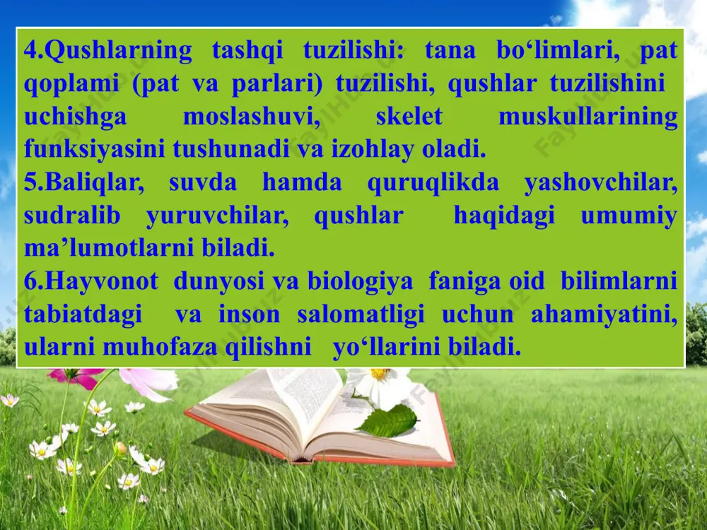 ning bo`yin umurtqalari har xil bo`ladi. bo`yni juda uzun laylak, turna, tuyaqushlarda, chumchuq va musucha-larda umurtqalar har xil. ko`k kaptarning bo`yin umurqalari soni 7 ta bo`ladi. qushlar boshini orqaga 180 gradusga burishi, tanasini qimirlatmasdan va egmasdan atrofdagi oziqni cho`qilashi mumkin.ko`krak umurtqalari o`zaro harakatsiz birikkan.bel, dumg‘aza va dum umurtqalari o‘zaro birikib, yagona dumg‘aza suyagini hosil qiladi. dum suyagi qushlarning dumidagi burilish patlari uchun tayanch bo‘ladi. umurtqa pog‘onasi ning ko‘krak bo‘limi qovurg‘alar va to‘sh suyagi bilan birga ko‘krak qafasini hosil qiladi. to‘sh suyagining pastki tomoni kengayib, qayiqqa o‘xshash ko‘krak toj suyagini hosil qiladi. bu suyakka qanotlarni harakatga keltiradigan muskullar birikadi. qovurg‘alarning bir uchi ko‘krak umurtqalari, ikkinchi uchi to‘sh suyagi bilan harakatchan qo‘shilgan. muskullari. bir juft katta ko‘krak muskullari massasi boshqa barcha muskullar massasiga teng keladi. ko‘krak muskullarining bir uchi yelka suyagiga, ikkinchi uchi ko‘krak toj suyagiga birikadi. katta ko‘krak muskullari qisqarganida qanotlar tushiriladi. o‘mrov muskullarining qisqarishi tufayli qanotlar ko‘tariladi. yaxshi rivojlangan oyoq …