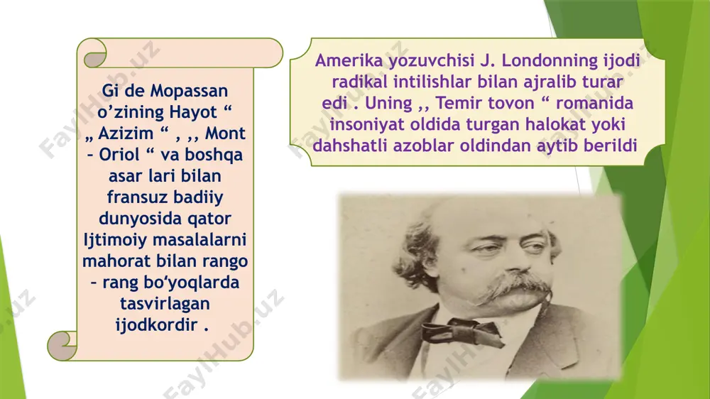 ’tkir badiiy boʻyoqlarda tasvirlagan bir guruh san’atkorlar o’zlarini naturalistlar deb atadilar . ularning yirik namoyandalaridan biri fransuz yozuvchisi emil zolya fransiyadagi barcha sinflar va ijtimoiy guruhlarning mavqeyini , turmush tarzini va psixologiyasini ko’r satishni oldiga maqsad qilib qo’ydi . naturalizm emil zolyaning 20 jildlik ,, ru gon – makkarlar “ asari ikkinchi imperiya davridagi bir oilaning hayoti va ijtimoiy tarixiga bag’ishlanadi . „ jerminal “ va „ tor – mor “ romanlari uning ijodining cho’qqisi hisoblanadi . italiyada naturalizm namoyandalaridan luiji kapuana va jo vanni vegalarni ko’rsatish mumkin . ular o’z asarlarida janubiy italiyadagi qashshoqlikni , unga qarshi kurashuvchilarni badiiy mahorat bilan aks ettirdilar emil zolya san’at rassomchilikda qator yangi oqimlar vujudga keldi . bu yangi oqimlarning biri impres sionizm ( taassurot edi . bu oqimga kirgan rassomlar voqelikni , kuzatishdan olingan taassurotlarni sof holda aks ettirardi . eduard mane , klod mone , ogyust renuar va kamil pissaro impressio …