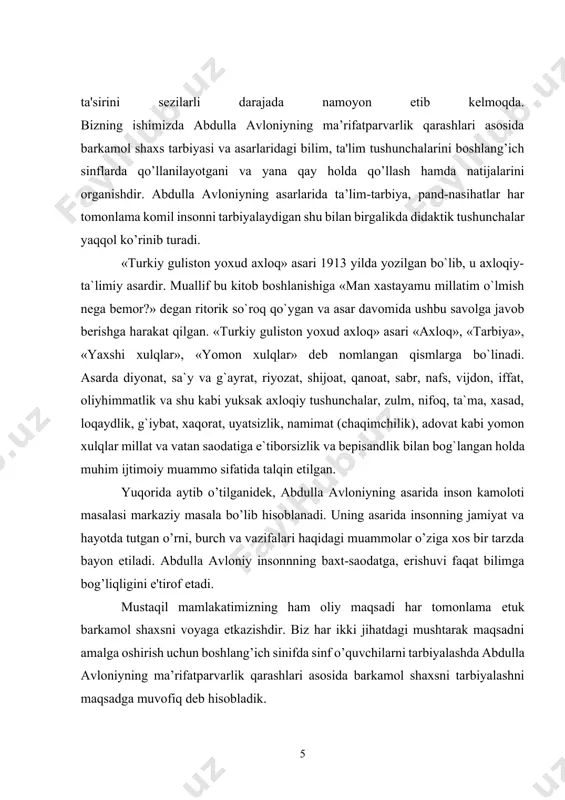 ik tayyorgarligi va bilimli, muomala madaniyati, milliy va milliy psixologik omillarni e'tiborga olish kеrak. yuksak saviyali zo’r mahoratli tarbiyachilargina xalq orzusidagi barkamol avlodni tarbiyalaydi. ilm insonni yuksaklik sari olib boradi. a. avloniy ayttanlaridеk: "ilm insonlarning madori, hayoti, porloq kеlajagi, rahbari, najotiga aylangan. ilm o’rganish inson hoyati uchun oliy va muqaddas fazilatdir. shuning uchun avvalombor ilmli, tarbiyali bo’lmoq har bir yosh insonning burchi. bu maqsaddas ko’ngliga eng oliy orzularni jamlab, o’qituvchi tеr to’kib ishlaydi. ularning mеhnatini munosib hurmat qilib bor bilimlarini egallamoq kеrak. bеhbudiy aytanlaridеk: "dunyoda turmoq uchun dunyoviy fan va ilm lozimdir". “kimga qanday pandu nasihat qilsang, unga avvalo o’zing amal qil”. milliy istiqlol tufayli taraqqiyotning barcha sohalarida jadal rivojlanib borayotgan mamlakatimizda yosh avlodning bilim darajasini jahon andozalari talablariga javob beradigan, fan-texnika yangiliklaridan xabardor, mustaqil fikrlay oladigan, hayotga dadillik bilan kirisha oladigan, tadbirkor, ma'naviy jihatdan barkamol qilib voyaga etkazish dolzarb vazifalardan hisoblanadi. milliy uyg‘onish, milliy ongning yangilanishi, milliy g‘oya va …