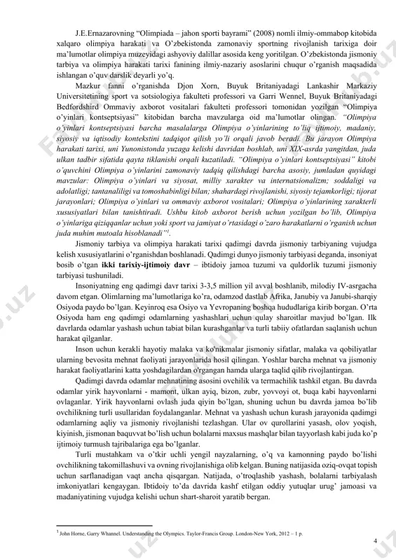 ti tarixi» ixtisoslikka oid maxsus fan sifatida, milliy qadriyatlar, ijtimoiy, madaniy taraqqiyot natijalari, mustaqillik yillarida joriy etilgan qonunlar, qarorlar, farmonlar, nizomlar hamda o’zbekiston respublikasi prezidenti asarlarida asoslab berilgan g’oyalarga tayanadi. ularni jismoniy madaniyat ijtimoiy-pedagogik jarayon sifatida o’ziga metodologik asos qilib olgan. jismoniy tarbiya va olimpiya harakati tarixi faninining maqsadi – talabalarda jismoniy tarbiya va sportning turli tarixiy davrlarda rivojlanish qonuniyatlari, g’oyalari, tizimlari, asosiy shakllari, usullari va vositalari to'g'risidagi ilmiy-nazariy bilimlarni shakllantirishdir. fanning asosiy vazifalari – talabalarga jismoniy tarbiya va sport tarixini ilmiy-nazariy jihatdan tahlil qilish, jismoniy tarbiya usullari, shakllari, vositalari, sport sohasida erishilgan yutuqlar va eng ilg’or tajribalardan foydalanishni hamda o’zbekistonda jismoniy tarbiya va sport tarixini o’rgatishdan iborat. jismoniy tarbiya va olimpiya harakati tarixi fanining muhim vazifasi jahon xalqlari jismoniy tarbiyasining xususiyatlarini o’rganish va uning rivojlanish yo’llarini aniqlashdir. ijtimoiy fanlardan biri hisoblangan jismoniy tarbiya va olimpiya harakati tarixi fanining eng muhim vazifasi - bo’lajak jismoniy tarbiya va sport mutaxassislarini yuksak …