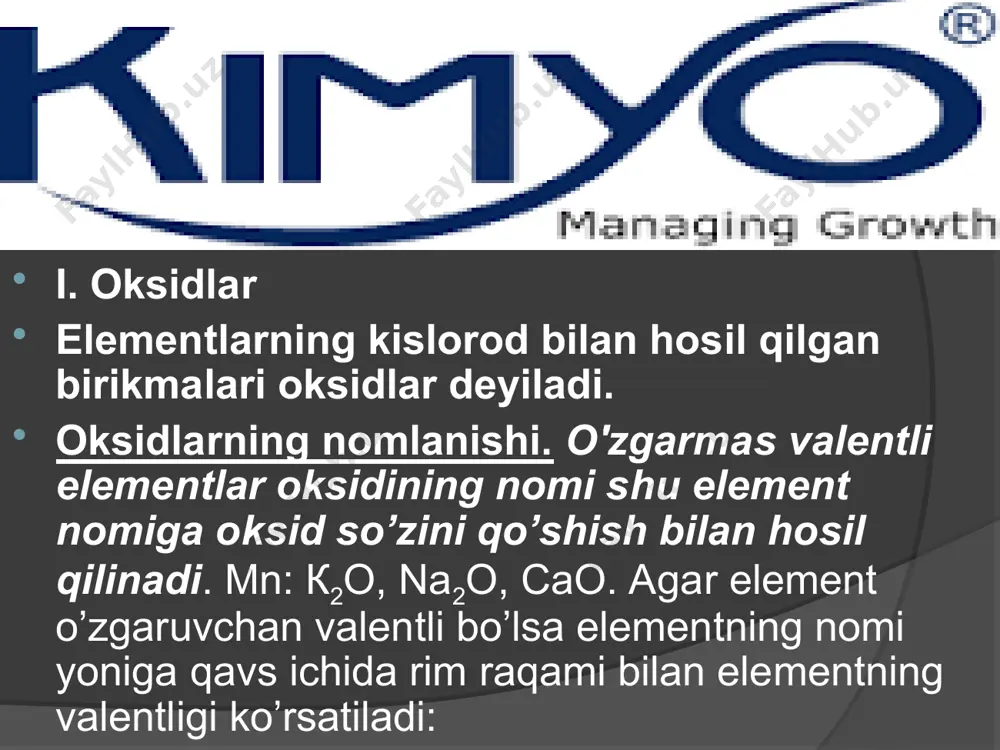 nt yoki betaraf oksidlar. tuz hosil qilmaydigan oksidlarga betaraf oksidlar deyiladi. mn: no, co, n2o kimyoviy xossalari: 1. 2. 3. 2no + ci2 → 2noci ii. kislotalar kislota tarkibida vodorod atomi bo’lgan va uning o’rnini metall atomlari olishi natijasida tuz hosil qiladigan murakkab moddalar. mn: 2ai + 6hci = 2aici3 + 3h2↑ mg + h2so4 = mgso4 + h2↑ kislotalar tarkibidagi vodorod atomining soniga qarab bir necha negizli bo’ladi. mn: hci, hbr, hf, ch3cooh, hno3, hno2. hcio2 – 1 negizli h2co3, h2c2o4, h2s, h2so3, h2so4 – 2 negizli h3bo3, h3po4, h3aso4, - 3 negizli kislotalar suvdagi eritmalarda negizligiga qarab bir necha bosqichda dissotsilanadi. mn: hci ↔ h+ + ci- h2so4 ↔ h+ + hso4- hso4- ↔ h+ + so4-2 h3po4 ↔ h+ + h2po-4 h2po4- ↔ h+ + hpo4-2 hpo4-2 ↔ h+ + po4-3 kislorodli kislotalar: h2so4, h3po4, h2co3 va hokazо. kislotalarning nomlanishi. kislorodsiz kislotalarni nomlashda qaysi element kislota hosil …