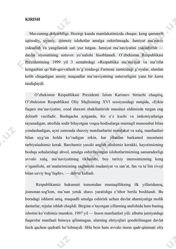 va san’at, fan va ta’lim rivoji bilan uzviy bog’liqdir», — deb ta’kidladi. respublikamiz hukumati tomonidan mustaqillikning ilk yillaridanoq, jismonan sog'lom, ma’nan yetuk shaxs yaratishga e’tibor berila boshlandi. bu boradagi ishlarni aniq, maqsadli amalga oshirish uchun davlat ahamiyatiga molik dasturlar, rejalar ishlab chiqildi. birgina o’tayotgan yillarning atalishida ham buning isbotini ko’rishimiz mumkin. 1997 yil — inson manfaatlari yili: albatta jamiyatdagi fuqarolar manfaati himoya qilinmagan, ularning ehtiyojlari qondirilmagan davlat hech qachon qudratli bo’lolmaydi. shu bois ham avvalo inson qadr-qimmati oliy darajaga ko’tarildi. 1998 yil — oila yili: xalqimiz azaldan oilani muqaddas bilib, uni «vatan ichra vatandir» deya ulug’lab kelgan. unda ulg’aygan har bir farzand, avvalo o’z oilasi aksini, ular birlashib esa mamlakat qiyofasini butun dunyoga tanitadi. 1999 yil — ayollar yili: ona xayotning boshi. shunday ekan jamiyatda ayollar ahvoli uning kelajakni belgilovchi asosiy omil bo’ladi. u nafaqat kelajakni dunyoga keltiradi, balki, uning tarbiyasida muhim o’rin tutadi. ona tarbiyasi o’rnini hech bir narsa …