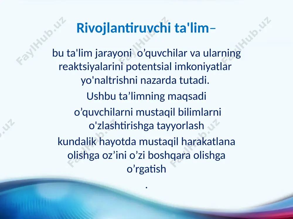 lar qanchalik murakkab bo'lsa, o'quvchilarning tadqiqotga bo'lgan qiziqishi shunchalik yuqori bo'ladi, deb ishoniladi. tez sur'at. leonid vladimirovich zankov, o'rganilgan narsalarni takrorlash bolalarda zerikishga olib keladi, deb hisoblardi, shuning uchun har doim yangi materialga ustunlik beriladi. o'z-o'zini rivojlantirish. o'qish jarayonida bolalar mustaqil ravishda hal qilishlari kerak bo'lgan muammolarga duch kelishadi. o'qituvchi ularni faqat to'g'ri javobga yo'naltirishi mumkin. shaxsiy fazilatlarni rivojlantirish. zankov tizimi intellektual rivojlanishdan tashqari, ijodiy fikrlash va irodani rivojlantirish uchun mo'ljallangan. individual yondashuv. zankov shaxsni sovet standartlashtirishga qarshi chiqdi. uning tizimi maktab o'quvchilarining individual xususiyatlari va qobiliyatlarini rivojlantirishga qaratilgan. 8 лев семенович выгодский (1896 – 1934) 20-asr boshidagi mashhur rus psixologi psixologiyani pedagogika bilan bogʻlagan, uning nazariy tadqiqotlari va kuzatuvlari mashhur pedagoglarning amaliy tizimlariga asos boʻlgan. 9 l.s. vыgodskiy: dolzarb rivojlanish sohasini (darajasini) – allaqachon shakllangan sifatlar va bolaning o‘zi amalga oshirishi mumkin bo‘lgan ishlar; yaqin rivojlanish zonasi – bolalar hali mustaqil bajarib bo‘lmagan, biroq ular yordamida bajarishi mumkin bo‘lgan …