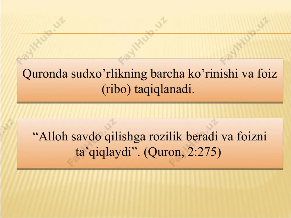 niq loyihalar asosidagina chiqarilishi va h.k.z. “halol” (ya’ni - ruxsat etilgan) tushunchasi – bu «islom dinida ruxsat etilgan mahsulotlar» degani, «halol» standarti esa – mahsulotlarni islom dini talablari bo’yicha ishlab chiqarish, saqlash, tashish, sotish va tamg’alash jarayonlariga bo’lgan talablarni belgilaydi. islomiy banklar tashkil etish shaxsiy tashabbus asosida amalga oshirildi. saudiya arabistonining qiroli faysal ibn abdul aziz al-saud islom konferensiyasi tashkilotini tuzdi. (2011 yildan bu tashkilot islom hamkorlik tashkiloti nomi bilan atalmoqda). 1980-yillar islomiy bank tizimi taraqqiyoti uchun eng faol davr hisoblanadi. bu o‘n yillikda ko‘plab banklar tashkil etildi va yangi mahsulotlar taqdim etildi. an’anaviy banklar ham “islomiy oyna” vositasida islomiy bank xizmatlari ko‘rsatishga qiziqish bildirdilar. islom dini (muayyan cheklovlarni nazarda tutgan holda) qarzni taqiqlamaydi, ammo inson sha’nini toptaydigan qarzga botib yashash madaniyatini taqiqlaydi. islom shuningdek, tadbirkorlik ortidan keladigan shaxsiy manfaatni tabiiyki taqiqlamaydi, balki xudbinlik, ochko’zlik va qing’ir yo’l bilan boylik orttirish kabi hayvoniy sifatlarni taqiqlaydi... .. islomiy banklarni an’anaviy banklardan …