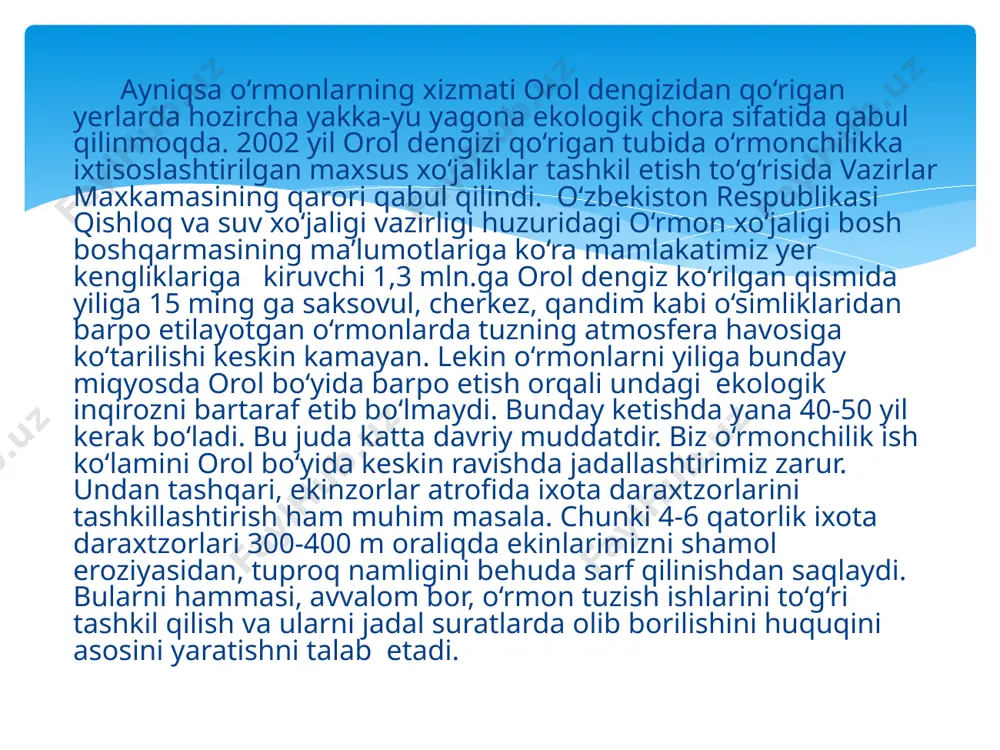 asi qoshida maxsus tashkil etilgan «o‘rmon tuzish va loyiha-qidiruv korxonasi»da olib boriladi. 2000 yil 12 mayda tastiqlangan «o‘rmonloyihatuzish» korxonasining nizomiga ko‘ra u to‘la xo‘jalik yurituvchi subyekt sifatida o‘rmon tuzishga doir barcha ishlarni olib boradi. kuning uchun ham 2000 yil «o‘rmonloyihatuzish» tomonidan tayyerlangan, lekin xanuzgacha tegishli davlat idoralari tasdiqidan o‘tmagan «o‘rmon tuzish va loyiha-qidiruv ishlarini olib borish tartibi to‘g‘risidagi o‘yriqnoma»ni ishlab chiqqan. o‘rmonlardan foydalanish va o‘lrani tuzish ishlarini asosni darlvrda keskin ravishda o‘zgarmaganligini inobatga olgan holda, biz ushbu darslikda o‘rmon tuzishning asosiy qoida va tartiblarini keltirib o‘tamiz. o‘zbekiston respublikasida o‘rmon tuzish ishlari o‘rmon va davlat kadastlari to‘g‘risidagi qonunlar «o‘rmonloyihatuzish» korxonasining nizomi, yuqorida sanab o‘tilgan o‘yriqnomalar, o‘rmon xo‘jaligi bosh boshqarmasining bo‘yruqlari, qo‘llamalari, texnik ko‘rsatmalari, qoidalari va shu kabi normativ xujjatlariga binoan olib boriladi. ularga ko‘ra o‘rmon tuzish ishlari ikki bosqicha amalga oshiriladi: dala o‘rmon tuzish ishlari; kameral ishlar. dala o‘rmon tuzish ishlari 4ta qismdan iborat: umumiy qoidalar; o‘rmontaksatsiya ishlari; o‘rmonlarning o‘sishi, maxsuldorligi, …