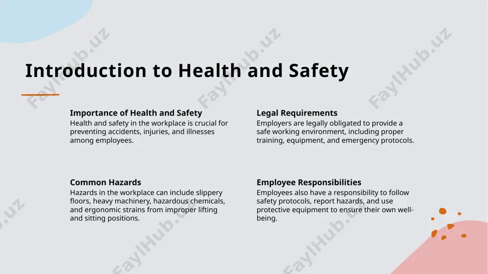 ance ppe should be properly maintained, stored, and regularly inspected for damage or wear to ensure effectiveness. emergency response procedures evacuation plan in the event of a fire or other emergency, all employees should evacuate the building using the designated evacuation routes and assembly points. first aid protocol trained staff should be prepared to administer first aid in case of injuries, and all employees should know the location of first aid kits. communication strategy clear communication channels should be established to relay emergency information to all employees, including designated individuals responsible for contacting emergency services. safety training and education osha compliance training all employees must be trained in osha regulations to ensure a safe and compliant work environment, including hazard communication and emergency response procedures. workplace safety protocols regular training sessions on workplace safety protocols, such as safe lifting techniques, proper equipment use, and ergonomics, are essential for preventing injuries. …
