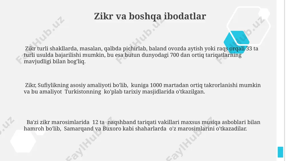 abi shaharlarda keng tarqalganligi va ko'plab tarixiy shaxslarni yetishtirganligi ma'lum. sufizm falsafa va tasavvufning murakkab tizimini o'z ichiga olib, 12 ta asosiy printsipga asoslangan va insonning allohga yaqinlashish yo'llarini ko'rsatadi. sufiylik tariqatlarining, masalan, naqshbandiya yoki yasaviya kabi, o'ziga xos marosimlari, 40 kunlik chilla kabi amaliyotlari va ijtimoiy tashkilotlari bo'lgan. sufizm va boshqa dinlar bilan munosabat sufizmning tasavvuf yoʻli, 300 dan ziyod turli tariqatlar orqali, hindiston va yaqin sharqdagi turli din vakillari orasida keng tarqalgan va ularning ruhiy izlanishlariga taʼsir koʻrsatgan. sufiylik falsafasi, 20 dan ortiq turli tillarda yozilgan asarlar orqali, dunyoning turli burchaklarida, shu jumladan xristian va buddist anʼanalariga taʼsir koʻrsatgan. sufizmning 11-13-asrlar oraligʻida markaziy osiyoda, xususan buxoro va samarqand kabi shaharlarda, islomning boshqa mazhablari bilan tinch-totuv birga yashashi va oʻzaro taʼsirining koʻplab tarixiy dalillari mavjud. sufilikda muhabbat va mehr-oqibat mehr-oqibat, 40 hadisda ta'kidlanganidek, insoniyatning eng oliy fazilatlaridan biri bo‘lib, sufiylar uchun o‘zaro hurmat va mehr-muhabbat 12 asrlik tarixga ega …