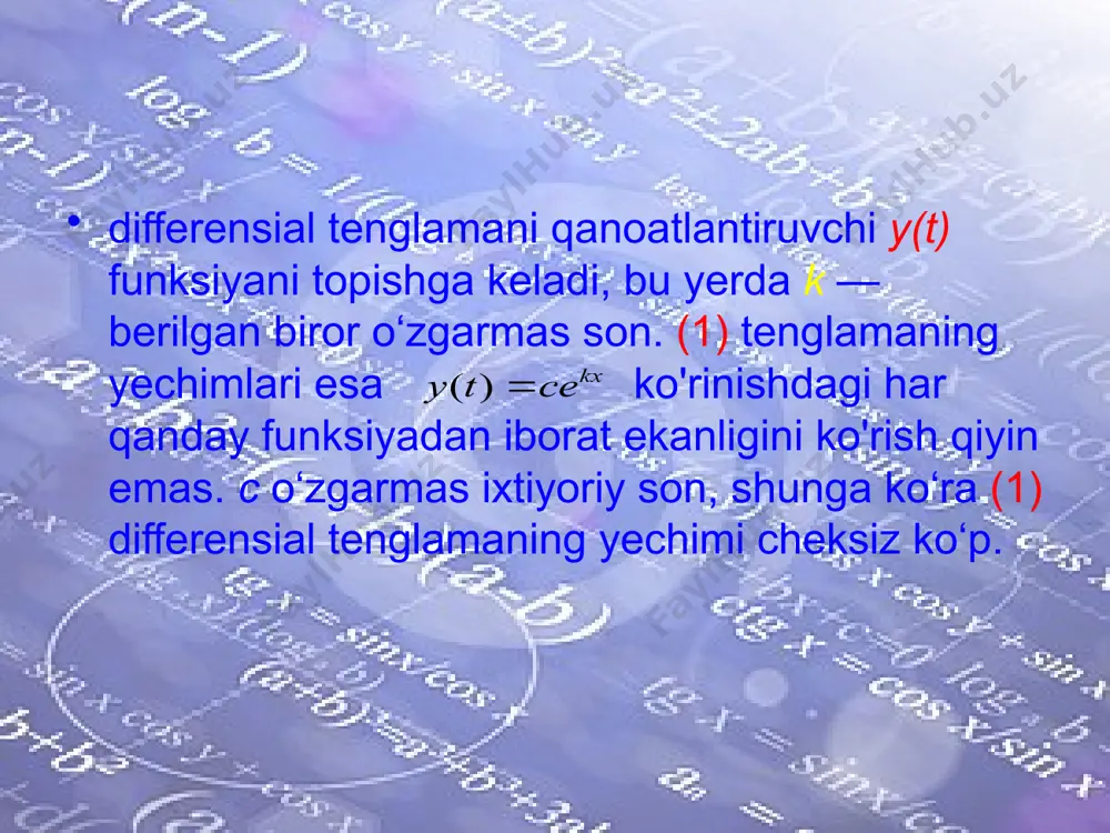 i ko‘rsatish lozim, ya’ni x=x0 da. y - y0 bo‘ladigan shart berilishi kerak. bu shart boshlang'ich shart deyiladi va y(x0)=y0 ko‘rinishida yoziladi. differensial tenglamaning boshlang‘ich shartni qanoatlan- tiruvchi yechimi uning xususiy yechimi deb ataladi. 1-misol. y' = 1 differensial tenglamaning umumiy yechimi y = x + c funksiyadan iborat, bunda c - ixtiyoriy son. buni tekshiramiz. yechish. y' = (x + c )' = 1. topilgan natija berilgan tenglamaga qo'yilsa, 1=1 ayniyat hosil bo'ladi. c ning turli qiymatlariga tenglamaning turli xususiy yechimlari mos keladi. ular koordinatalar tekisligida y = x bissektrisaga (c = 0 holi) parallel to‘g‘ri chiziqlar to’plamini tashkil etadi (1- rasm). 1-rasm. umuman, y' = f(x) (1) ko’rinishdagi tenglamalar eng sodda differensial tenglamalardir. (1) tenglamani yechish uchun uni ko'rinishga, so'ngra dy = f(x)dx ko’rinishga keltiramiz. endi tenglikning ikkala qismini integrallasak yoki ga ega bolamiz. agar f(x) funksiya f(x) funksiyaning boshlang'ich funksiyalaridan biri bo‘lsa, izlanayotgan umumiy yechim quyidagi ko’rinishda …