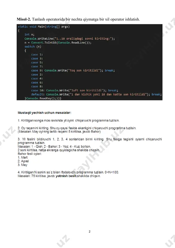 * 10; switch (unlik){ case 10: console.write("o'n"); break; case 20: console.write("yigirma"); break; case 30: console.write("o'ttiz"); break; case 40: console.write("qirq"); break; case 50: console.write("ellik"); break; case 60: console.write("oltmish"); break; case 70: console.write("yetmish"); break; case 80: console.write("sakson"); break; case 90: console.write("to'qson"); break; default: break; } switch (birlik){ case 1: console.writeline(" bir"); break; case 2: console.writeline(" ikki"); break; case 3: console.writeline(" uch"); break; case 4: console.writeline(" to'rt"); break; case 5: console.writeline(" besh"); break; case 6: console.writeline(" olti"); break; case 7: console.writeline(" yetti"); break; case 8: console.writeline(" sakkiz"); break; case 9: console.writeline(" to'qqiz"); break; default: break; } switch (n){ case 1: case 99: console.write(unlik+birlik); break; default: break; } dastur natijasi 1 image4.png image5.png image6.png image7.png image8.png image9.png image10.png image11.png image1.png image2.png image3.png 1 9 - am al iy m as hg ’ u lo t. ?: shart va switch operatorlariga doir misollar yechish. misol - 1 . kiritilgan songa mos ravishda hafta kunini chiqaruvchi …