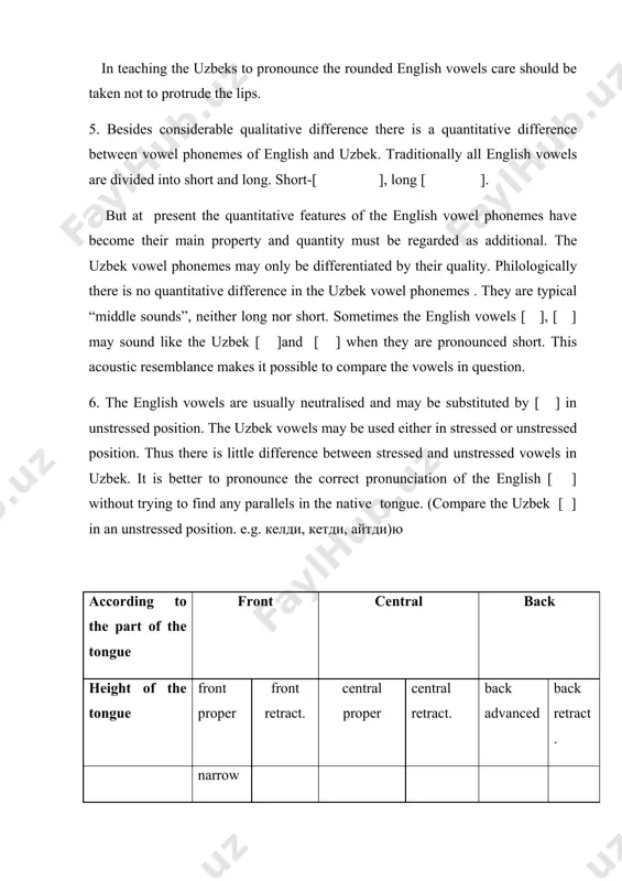 r-litter [ ] is not an english phoneme, but a version of the vowel [ ]. the first element of the diphthongs, which is called the nucleus, is pronounced distinctly and clearly. the second element is glide. there are no diphthongs in uzbek. according to the phonological approach combination of “vowel- j” and vice versa, such as the uzbek u-u, u-y, u - o, u- a, are considered to be these sequences of a vowel and consonant [y-c]. they are not stable combinations but sometimes may be destroyed by the syllable division: суй-унчи, туй-улиш. the first element of the diphthongs [ ], to a certain degree acoustically resemble the uzbek vowels[ ] and [ ]. therefore it is not difficult to teach the uzbeks to pronounce the nucleus of these diphthongs into [ j ] which is the most usual mistake in the pronunciation of the uzbeks. there are also …