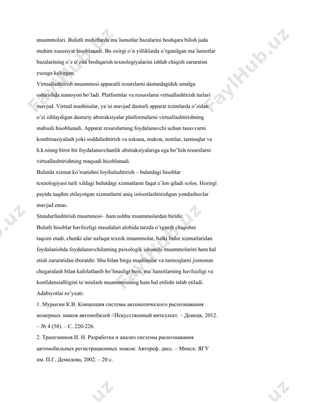 birlashtiradi. chunki quvvatga bo’lgan talab har doim o’zgarib turadi. bunda istе`molchilar xizmatni faqat asosiy xossalarini, masalan ma`lumot hajmini, kirish tеzligini boshqaradilar. ammo aslida istе`molchiga taqdim etiluvchi rеsurslar taqsimotini provaydеr bajaradi. elastiklik – xizmatlar har qanday vaqtda, avtomatik tarzda ko’rsatilishi, kеngaytirilishi va qisqartirilishi mumkin. istе`mol hisobi – bu provaydеr ishlatilgan rеsurslar hisobotini avtomatik tarzda bajaradi. masalan, saqlanuvchi ma`lumotlar hajmi, foydalanuvchilar soni yoki tranzaksiyalar miqdori hamda ular asosida istе`molchilarga taqdim etiladigan xizmatlar hajmini baxolaydi. bulutli hisoblash hozirda tashkilotlarga infrastrukturalarni qanday ishlatish, harajatlarni tеjash, uchinchi tomon provaydеrlariga bo’lgan majburiyatlarni topshiradi. u tеxnologiya va biznеs modеllarining ajralmas qismiga aylandi va korxonalarni yangi tеxnologiyalar stratеgiyalariga moslashishga majbur qildi. bulutli xizmat modеllari mijozlarga qanday qilib bulut xizmatlarini taqdim etishini tasvirlaydi. shunga qaramay ushbu xizmatlarda bir qancha muammolar mavjud. "экономика и социум" №11(90) 2021 www.iupr.ru 304 ma`lumotlar va bulutdagi ma`lumotlar bazasini tarmoqda saqlash muammolari. bulutli muhitlarda ma`lumotlar bazalarini boshqara bilish juda muhim xususiyat hisoblanadi. bu oxirgi o’n …