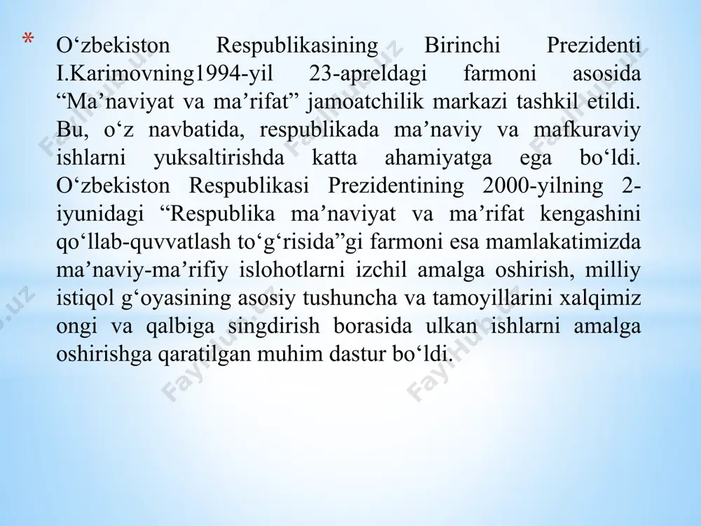 uni” deb e’lon qilindi. 1998 yilda samarqandda buyuk mutafakkir imom al buxoriyning 1225 yilligi nishonlandi. shu yili xartang qishlog‘ida imom al buxoriyning yodgorlik majmui o‘rnatildi. uning 4 jildlik “al jomi as-sahih” kitobining minglab nusxasi nashrr qilindi. 1999 yil - jaloliddin manguberdining 800 yilligi, «alpomish» dostonining 1000 yilligi, ogaxiy tavalludining 190 yilligi, ajiniyoz qasiboy o‘g‘lining 175 yilligi. 2000 yil - 16-17-noyabr kunlari marg‘ilonda islom huquqining asoschilaridan burxoniddin al-marg‘inoniy tavalludining 910 yilligi, samarqandda islomshunos olim imom abu mansur al-moturudiy tavalludining 1130 yilligi, iso at termiziyning 1200 yilligi maxmud az-zamaxshariyning 920 yilligi, abduxoliq g‘ijduvoniyning 900 yilligi, najmiddin kubroning 850 yilligi, xo‘ja axror valiy tavalludining 600 yilligi kamoliddin behzodning 545 yilligi nishonlandi. 2000 yil umid nihollari barkamol avlod 2001 yil - alisher navoiyning 560 yilligi, «avesto»ning 2700 yilligi 2002 yil - termiz shahrining 2500 yilik yubileyi - shahrisabzning 2700 yillik yubileyi 2003 yil - g‘ofur g‘ulom tavalludining 100 yilligi, toshkentda g‘ofur g‘ulom haykali ochildi, …