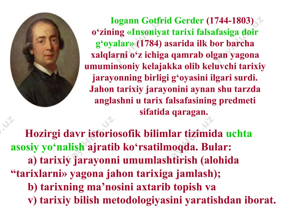 anoatlashgan (informatsion) jamiyatlar. plyuralistik yondoshuv insoniyat tarixining birligini inkor etib, o‘zaro bog‘liq bo‘lmagan yoki kam bog‘liq bo‘lgan ko‘plab o‘zaro teng qadrli tarixiy tuzilmalar – sivilizatsiyalarning mavjudligini tan oladi, shu asosda insoniyat tarixi rivojlanishining yagona taraqqiyot jarayoni ekanligini inkor etadi. chiziqli (yoki progressistik - taraqqiyotparvarlik) yondoshuv namoyondalari tarixiy taraqqiyot g‘oyasini jahon tarixiy rivoji dinamikasining asosini tashkil etuvchi umumiy qonun sifatida qabul qiladilar. bunda muayyan mezonlarga binoan insonning barcha tabiiy imkoniyatlari ro‘yobga chiqadigan hamda barcha ehtiyojlari qondirilishi mumkin bo‘lgan mukammal jamiyatga yetishishning bosqichlari va davrlari belgilanadi. bunday maqsadlar sifatida sotsialistik, kommunistik va boshqa utopiyalar ko‘rsatiladi. chiziqli rivojlanish konsepsiyasiga muqobil bo‘lgan davriy (siklik) paradigma namoyondalari insoniyat tarixining yagona tarixiy yoki abadiy maqsadga qarab rivojlanishni inkor etadilar. ularning fikricha, tarix aylanma shaklda harakat qilib, oxir oqibat o‘zining boshlang‘ich holatiga qaytadi. ushbu nazariyalar qatoriga madaniy-tarixiy yoki sivilizatsion yondoshuv ham kiradi. jamiyat hayoti tuzilmasining 4 ta asosiy sohalari, ya’ni jamiyatning muhim kichik tizimlari: iqtisodiy ijtimoiy siyosiy …