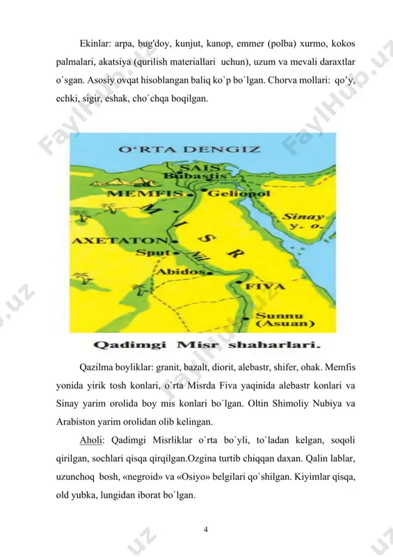 datxona, sog'ona, uylar, sopol idishlar, haykallar va h. k. 3) xalq og'zaki ijodiyoti: qo`shiq, ertak, maqollar, afsona, axloqiy-etik asarlar. 4) tilshunoslik ma'lumotlari. 5) etnografiya ma'lumotlari 6) antropologiya ma'lumotlari: mumiyo, skelet, freska, relyeflarda odamlarni jismoniy tuzilishini o`rganish mumkin bo`lgan tasvirlar. 7) geografik muhit va landshaft, kanallar, yo`llar. yozma manbalar: mashhur fransuz olimi shampol`onning misr iyerogliflarini o`qishi qadimgi misr yozuvini o`rganishda muhim ahamiyat kasb etdi. palermo toshi yozuvlarida v sulolagacha bo`lgan fir'avnlarining ro`yxati sanab o`tilgan va yirik harbiy yurishlar va nil toshqinlari to`g'risida ma'lumot beradi. aton va ra ibodatxonalari (fivadagi karnak ibodatxonasi) devorlarida yozilgan «tutmos iii annallari» (xvii sulola) qimmatli yozma manbalardan biri hisoblanadi. kohin manefonning (taxminan er. avv. vi-iii asrda) yozilgan asarida misr tarixi eng qadimgi davrdan boshlab bayon qilingan. manefon 30 sulola ro`yxatini tuzib, ularni uch dekada 10 sulolaga bo`ldi. bu yangi davrda tadqiqotchilarning misr tarixini eng muhim davrlarini aniqlashlari uchun jumladan, qadimgi misr tarixini, qadimgi, o`rta, yangi va so`nggi …