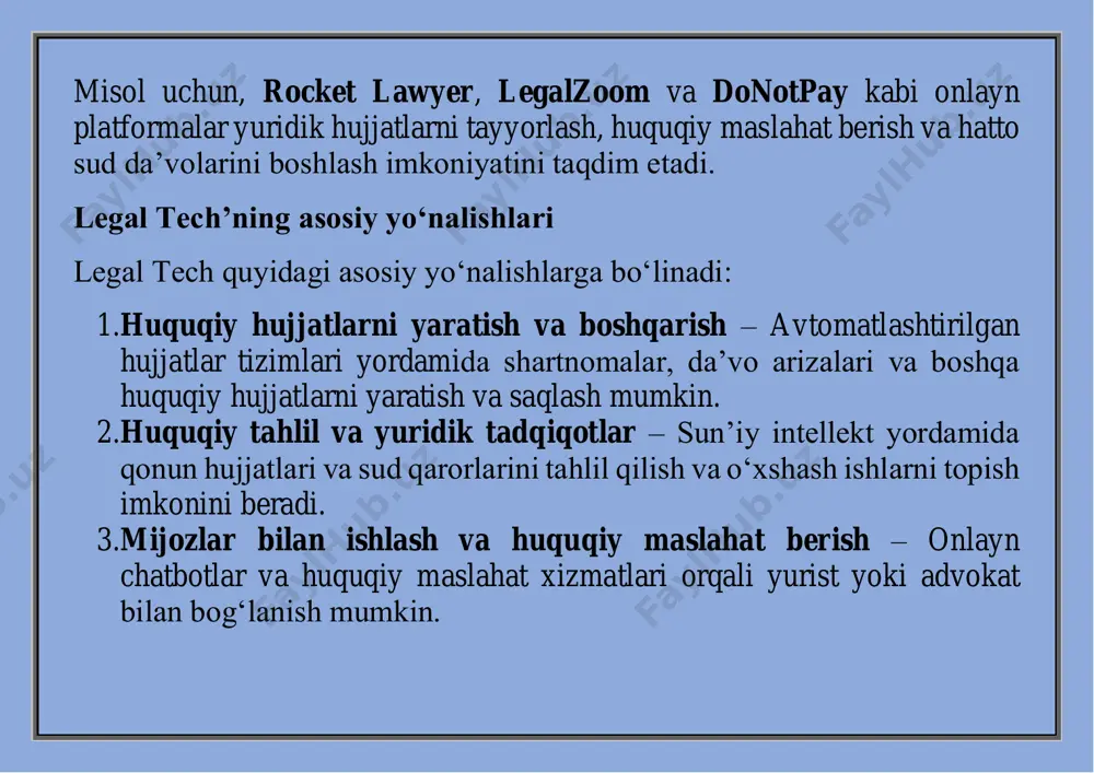 rasida ommalasha boshladi. shu bilan birga, yuridik tadqiqotlar uchun lexisnexis va westlaw kabi ma’lumotlar bazalari paydo bo‘ldi. 3. internet va huquqiy xizmatlarning onlayn formati (2000-2010-yillar) internet rivojlanishi bilan yuridik xizmatlarning onlayn platformalari paydo bo‘ldi. legalzoom va rocket lawyer kabi platformalar jismoniy shaxslar va kichik bizneslar uchun yuridik xizmatlarni taqdim eta boshladi. bu esa yuridik xizmatlarning keng ommaga ochilishini ta’minladi. 4. sun’iy intellekt va avtomatlashtirilgan huquqiy tizimlar (2010- yildan hozirgi kungacha) bu bosqichda sun’iy intellekt asosida ishlaydigan yuridik texnologiyalar paydo bo‘ldi. ross intelligence, donotpay, ravn systems kabi tizimlar huquqiy tadqiqotlarni avtomatlashtirish, mijozlarga maslahat berish va yuridik hujjatlarni avtomatik yaratish imkoniyatini taqdim eta boshladi. 5. blokcheyn va smart shartnomalar (hozirgi va kelajak bosqichi) blokcheyn texnologiyasi orqali shaffof va xavfsiz huquqiy jarayonlar yaratish imkoni paydo bo‘ldi. ethereum asosida ishlaydigan smart shartnomalar kelajakda legal tech’ning eng muhim qismi bo‘lishi mumkin. legal tech rivojlanishiga ta’sir etuvchi omillar  texnologik rivojlanish – sun’iy intellekt, blokcheyn va …