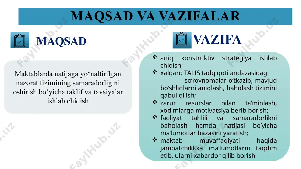 quv yili davomida maktablarda ta’lim-tarbiya jarayonini tizimli nazorat qilish yo’lga qo‘yiladi, maktab imijiga ijobiy ta’sir qiladi. 3. umumta’lim maktablarida asosan bir xil o‘quv reja bo‘yicha ish yo‘lga qo‘yilgan. har bir maktab o‘z imkoniyatidan kelib chiqib bosqichma-bosqich turli o‘quv rejalardan foydalanishni joriy qilishi maktab direktori, pedagogika kengashi 2024-2025-o‘quv yili aprel oyida maktablarda o‘quvchilarning nafaqat bilim olishlariga, balki ulardagi qobiliyatlar rivojlanishiga ham erishiladi hamda ushbu ko‘rsatkichlarni aniq tahlil qilish imkoni paydo bo‘ladi. 10 t/r savollar javoblar 1 o‘qituvchilik faoliyatingiz qancha vaqtni tashkil etadi? 2 o‘qituvchilik faoliyatingizda “kasbiy rivojlanish kuni” va “kasbiy rivojlanish soati” tadbirlarining ahamiyatini qanday afzalliklarini sezdingiz? 3 o‘qituvchilik faoliyatingizda sizga eng ko‘p yordam beradigan resurslar va platformalar qaysilar? 4 sizning fikringizcha, maktabimiz o‘quvchilarning muvaffaqiyatli o‘qishlari uchun o‘qituvchilarimiz qaysi samarali usullardan foydalanishlari kerak? 5 siz bo‘sh o‘zlashtiruvchi o'quvchilarga yordam ko‘rsatish uchun qanday metodlardan foydalanasiz? 6 dars mashg‘ulotlarida guruhli ishlash va kollaborativ o‘qitishning samaradorligi haqida nima deya olasiz? 7 maktabimizda o‘qituvchilarga professional …
