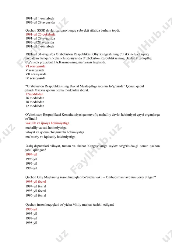a iv sessiyasida “o’zbekiston respublikasining davlat mustaqilligi asoslari to‘g‘risida” qonun qabul qilindi.mazkur qonun necha moddadan iborat. 17moddadan 16 moddadan 18 moddadan 12 moddadan o’zbekiston respublikasi konstitutsiyasiga muvofiq mahalliy davlat hokimiyati qaysi organlarga bo’lindi? vakillik va ijroiya hokimiyatiga mahalliy va sud hokimiyatiga viloyat va qonun chiqaruvchi hokimiyatga ma’muriy va iqtisodiy hokimiyatiga xalq deputatlari viloyat, tuman va shahar kengashlariga saylov to‘g‘risida»gi qonun qachon qabul qilingan? 1994-yil 1996-yil 1997-yil 1999-yil qachon oliy majlisning inson huquqlari bo’yicha vakil – ombudsman lavozimi joriy etilgan? 1995-yil fevral 1994-yil fevral 1993-yil fevral 1996-yil fevral qachon inson huquqlari bo’yicha milliy markaz tashkil etilgan? 1996-yil 1995-yil 1997-yil 1998-yil qachon “oliy majlisning inson huquqlari bo’yicha vakil – ombudsman to’g’risida qonun” qabul qilingan? 1997-yil 1995-yil 1996-yil 1998-yil markaziy saylov komissiyasi nechanchi yildan e’tiboran mustaqil muvaqqat organ sifatida faoliyat boshlagan? 1998-yildan 1991-yildan 1993-yildan 1996-yildan markaziy saylov komissiyasi qachondan doimiy organ sifatida tashkil etildi? 2014-yildan 1998-yildan 1991-yildan 2016-yildan nechanchi yilda ilk bor mamlakat …