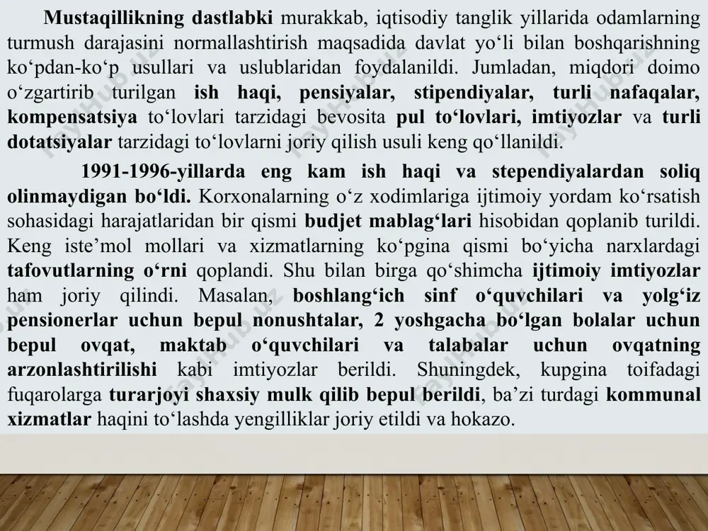 n nafaqalar ota-onasining va umuman oilaning daromadlari miqdoridan qat’i nazar, barcha oilalarga to‘lana boshladi. boshqacha aytganda, 16 yoshgacha bo‘lgan bolalar turli dastlabki omillar va sabablardan qat’iy nazar, to‘g‘ridan-to‘g‘ri davlat yordami beriladigan obyektga aylanib bormoqda. 1994-yil 24-avgustda prezidentning «kam ta’minlangan oilalarni ijtimoiy himoya qilishni kuchaytirishga oid tadbirlar to‘grisida»gi farmoni qabul qilindi. 1996-yil 10-dekabrda bolali oilalarga ijtimoiy yordam berilishini kuchaytirish, aholini ijtimoiy himoya qilish borasidagi chora-tadbirlarni ro‘yobga chiqarishda fuqarolarning o‘zini-o‘zi boshqarish organlarining roli va mas’uliyatini oshirish maqsadida «bolali oilalarni davlat tomonidan qo‘llab-quvvatlashni yanada kuchaytirish to‘grisida» yana bir muhim farmon qabul qilindi. unda 1997-yil 1-yanvardan boshlab fuqarolarning o‘zini-o‘zi boshqarish yig‘inlari orqali yordamga muhtoj, bolali oilalarga bolalarning soniga qarab eng oz ish haqining 50 foizidan boshlab 175 foizigacha nafaqalar beriladigan bo‘ldi. 1997-yil sentabr oyidan boshlab, har yili 1 sinf o‘quvchilariga bepul o‘quv anjomlari, darsliklarni berish joriy etildi. kam ta’minlangan oilalarning boshlangich sinflarda o‘qiydigan bolalariga bepul qishki issiq kiyimlar berish yo‘lga qo‘yildi. hukumat tomonidan ayrim …
